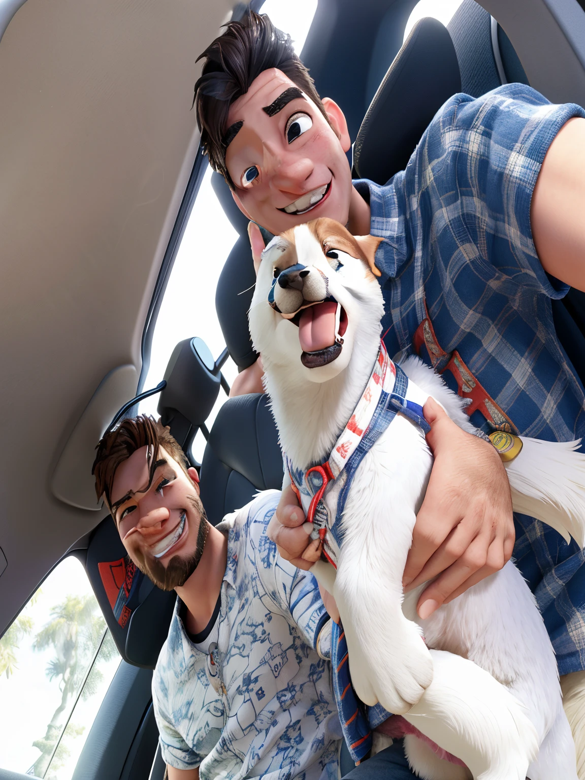 hay dos hombres, dos hombres sentados en la parte trasera de un auto con 1 perro de raza puddle, el perro esta sonriente, selfie de un perro, Foto selfie, he is very happy, with a happy expression, Sonrisa amistosa. El perro esta feliz con la lengua hacia afuera, perro blanco, hembra.