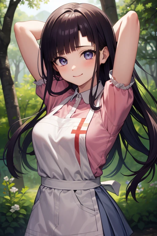 mikantsumiki, mikan tsumiki, long hair, purple hair, (purple eyes:1.1), bangs, blunt bangs, shy, smile
BREAK apron, bandaged leg, bandages, collared shirt, miniskirt, pink shirt, pleated skirt, puffy short sleeves, puffy sleeves, shirt, short sleeves, skirt, two-tone shirt, white apron, white shirt,
BREAK looking at viewer, solo, upper body, facing viewer, looking at viewer, forest, dark sky, {arms behind head}, contrapposto, spread armpit, nervous smile,
BREAK (masterpiece:1.2), best quality, high resolution, unity 8k wallpaper, (illustration:0.8), (beautiful detailed eyes:1.6), extremely detailed face, perfect lighting, extremely detailed CG, (perfect hands, perfect anatomy),