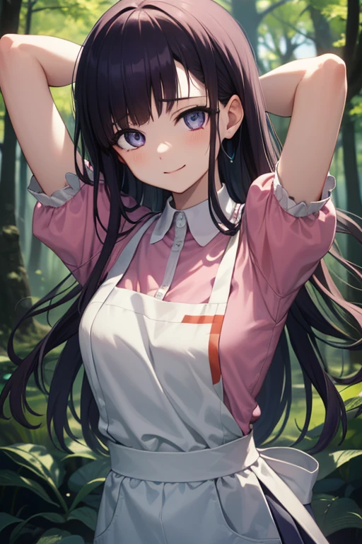 mikantsumiki, mikan tsumiki, long hair, purple hair, (purple eyes:1.1), bangs, blunt bangs, shy, smile
BREAK apron, bandaged leg, bandages, collared shirt, miniskirt, pink shirt, pleated skirt, puffy short sleeves, puffy sleeves, shirt, short sleeves, skirt, two-tone shirt, white apron, white shirt,
BREAK looking at viewer, solo, upper body, facing viewer, looking at viewer, forest, dark sky, {arms behind head}, contrapposto, spread armpit, nervous smile,
BREAK (masterpiece:1.2), best quality, high resolution, unity 8k wallpaper, (illustration:0.8), (beautiful detailed eyes:1.6), extremely detailed face, perfect lighting, extremely detailed CG, (perfect hands, perfect anatomy),