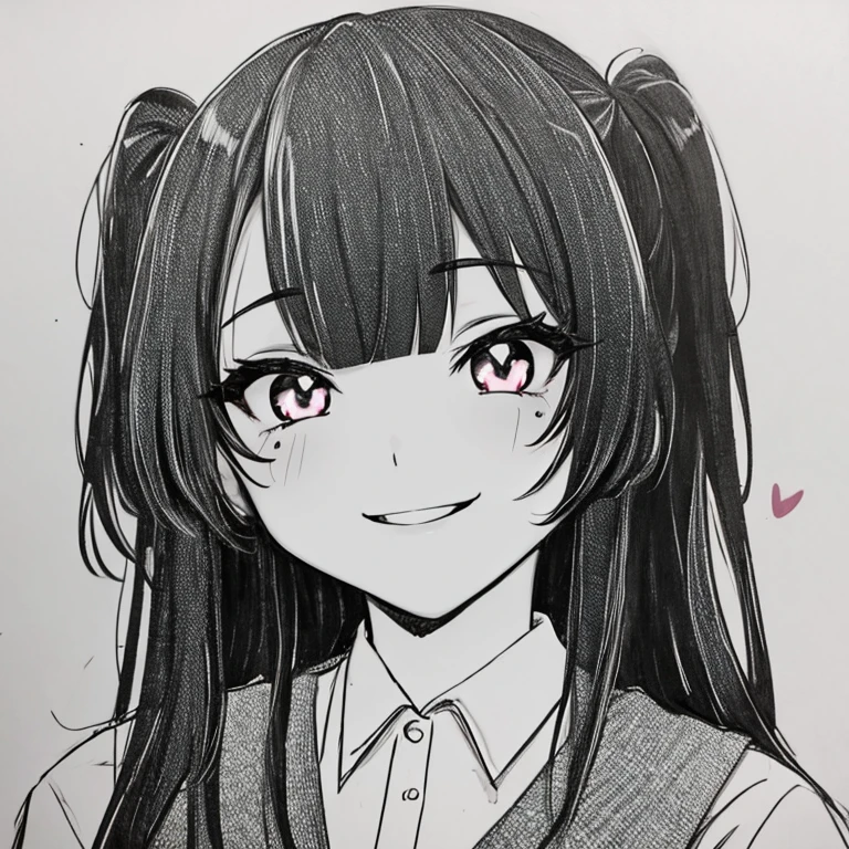 1girl, ahegao, heart pupils, black and white, bangs hairstyle, smile