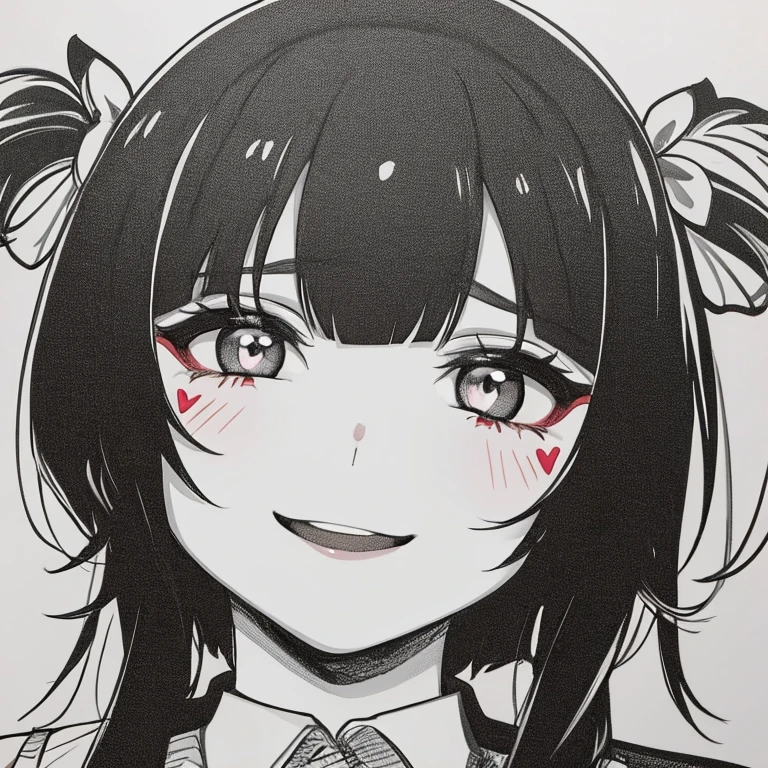 1girl, ahegao, heart pupils, black and white, bangs hairstyle, smile