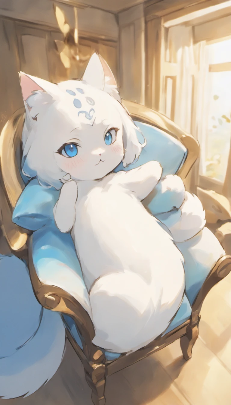 White cat、Blue eyes、inside in room、Lying on a chair、Elegance、narrow her eyes