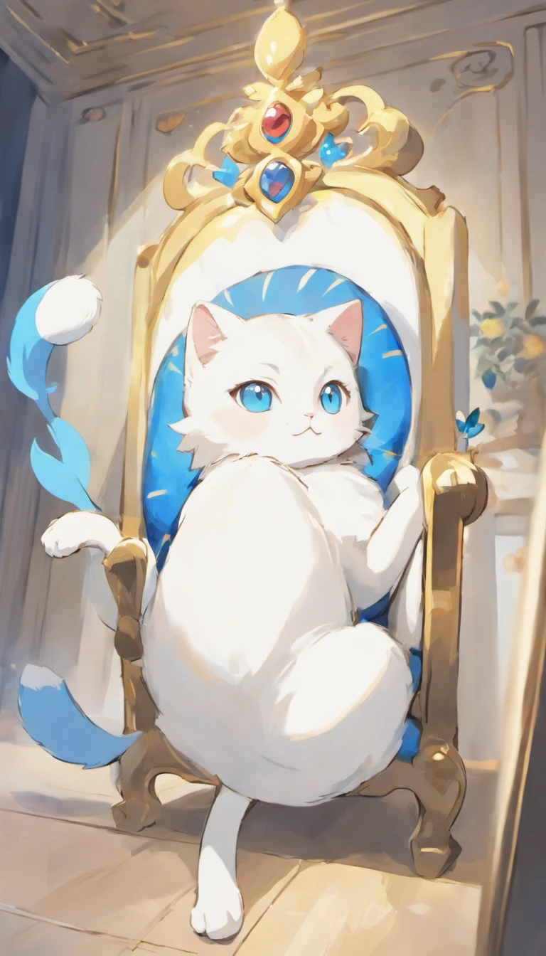 White cat、Blue eyes、inside in room、Lying on a chair、Elegance、narrow her eyes