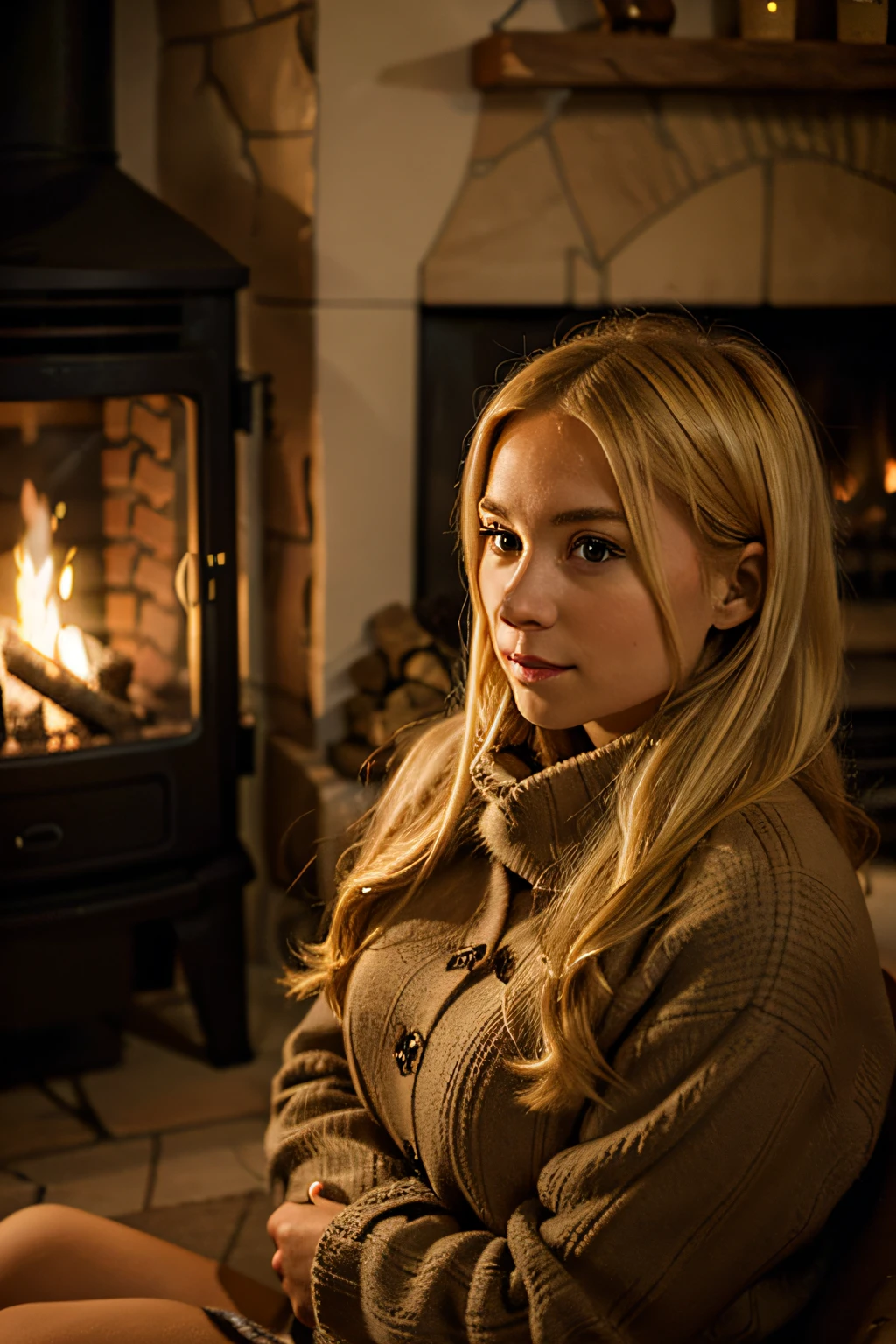 Girl with blonde hair near fireplace winter mood