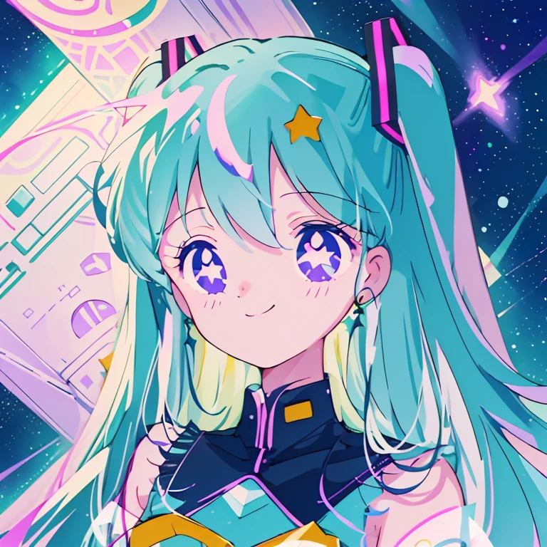 (1girl),(Pop style,flat colors,star pattern,pastel,shiny eyes,Smile,Cosmic atmosphere,colored lineart,outline,simple,Night background, macro shot,pastel night aesthetic),((Masterpiece)), hatsune miku, full height