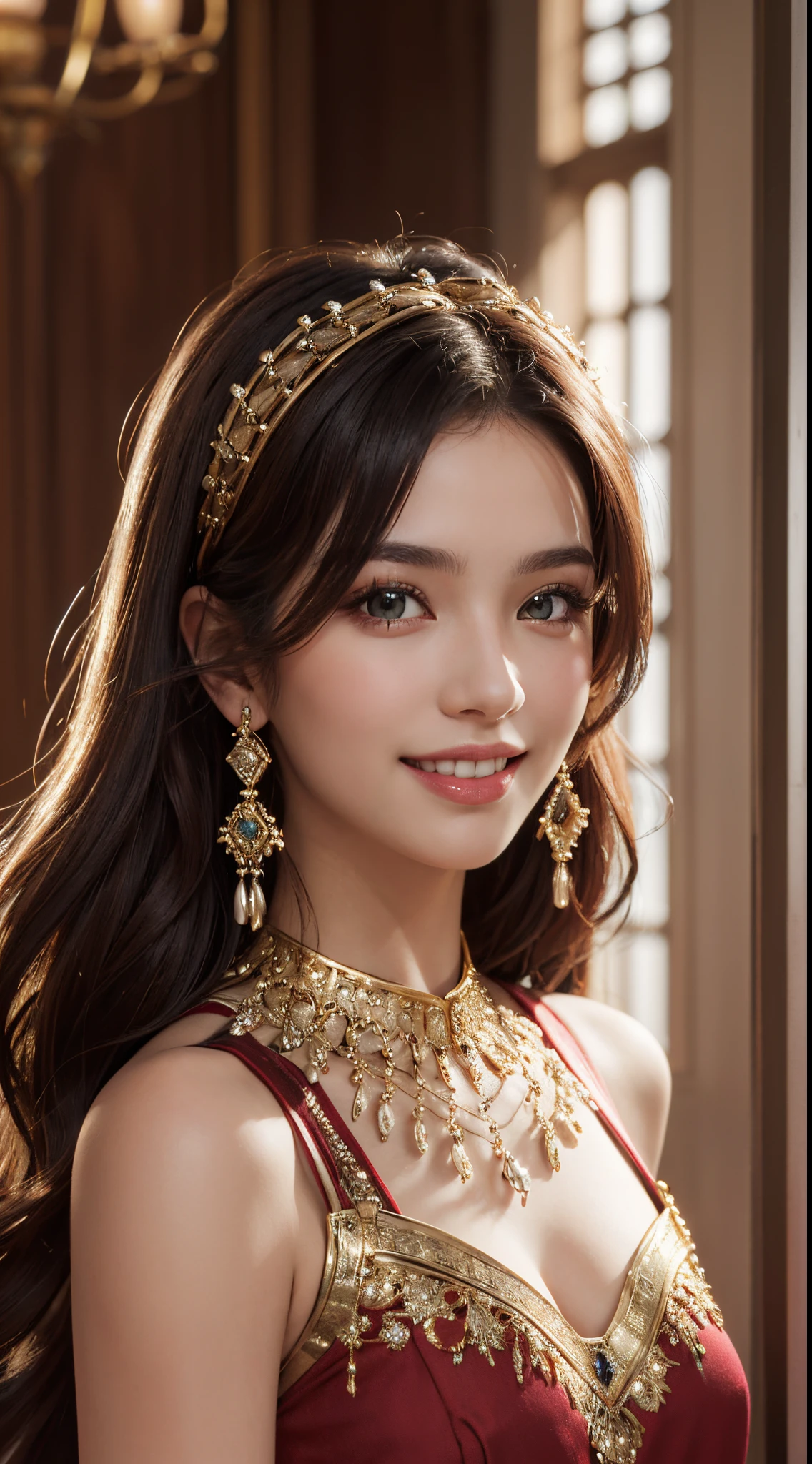 (master piece: 1.3), (8K, Photorealsitic, Barbarian in the photo, top-quality: 1.4), (1girl in), beautiful countenance, (Realistic face), (redhair, Long Hair 1.3), Beautiful hairstyle, Realistic crystal bright eyes, Detailed and stunning European beauty, (Realistic skin), Beautiful skin, (pull), Absurde, good-looking, 超A high resolution, ultra realist, Highly detailed, golden numbers portante une tenue de kaftan islamic marocaine,A smile、RED dress,hair is slightly curled vertically