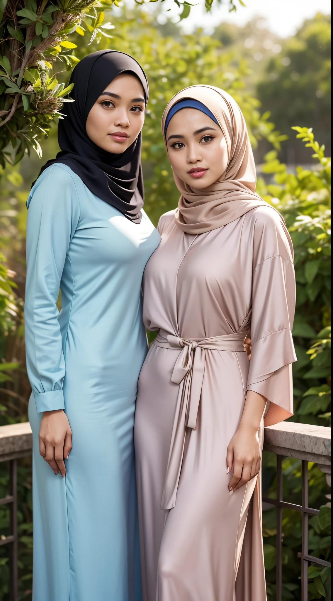 (Close up), RAW, Best quality, high resolution, masterpiece: 1.3), two beautiful Malay woman in hijab,Masterpiece, perfect  fit body,(big breast) , big gorgeous eyes,thick thighs, Soft smile,two women in long dresses sitting next to each other, beautiful silky dress, light pink tonalities, sleek robes, in long pink or violet dresses, soft silk dress, silk dress, beautiful soft silky dress, standing and posing elegantly, elegant evening gowns!, ombre velvet gown, wearing an elegant dress, shades of pink, pastel', beautiful shades  , she is smiling,Delicate turtleneck, afternoon walk, City garden, Excellent lighting, Bright colors, Clean lines
