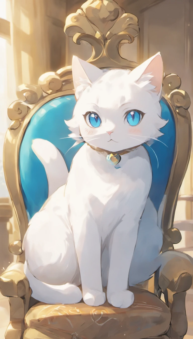 White cat、Blue eyes、inside in room、Lying on a chair、Elegance、narrow her eyes