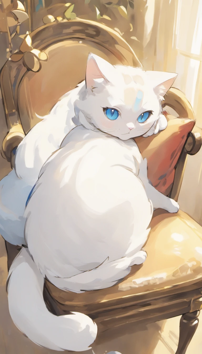 White cat、Blue eyes、inside in room、Lying on a chair、Elegance、narrow her eyes