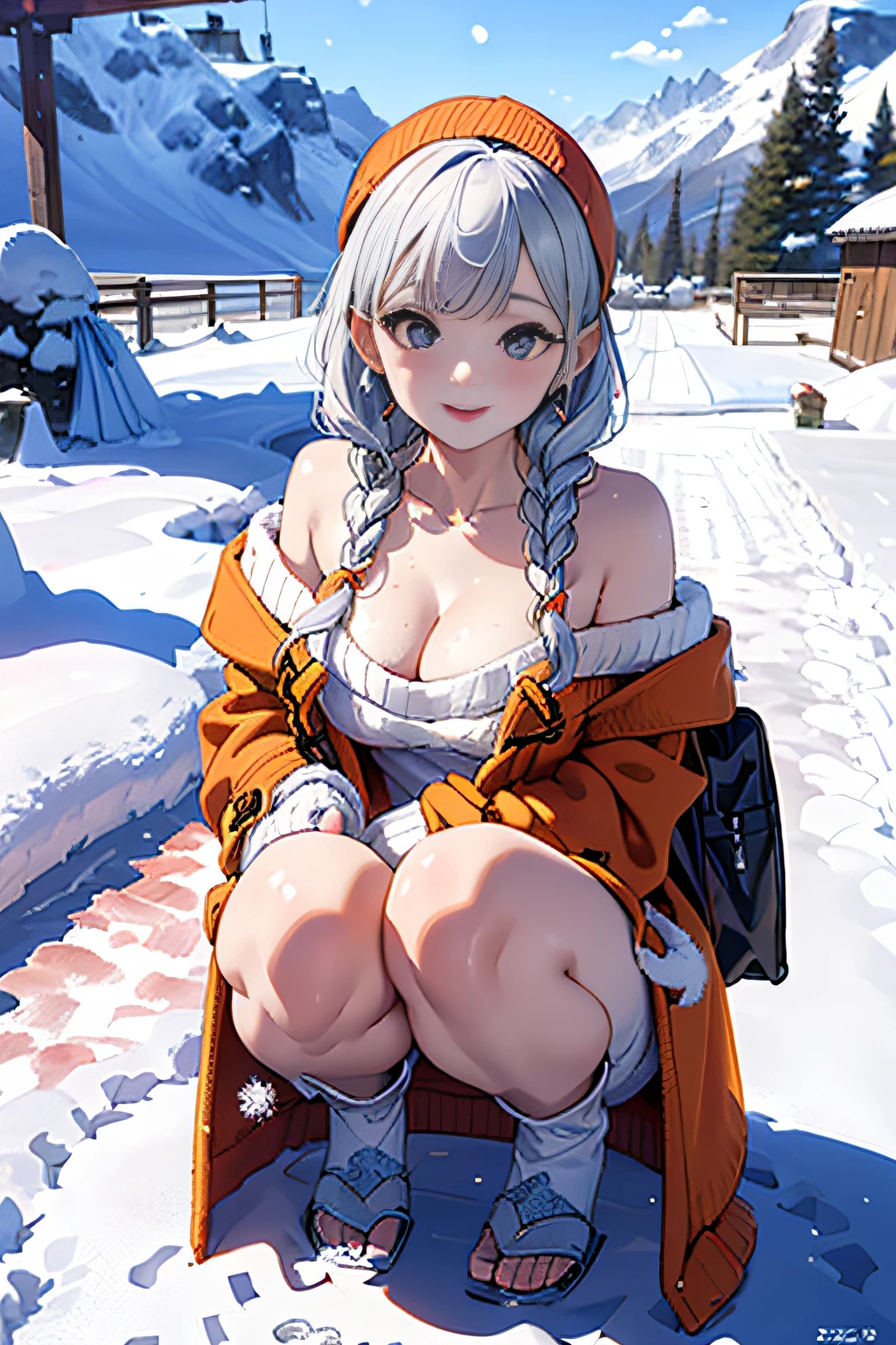 (ukiyoe painting:1.3),(3D Animation:1.3),(((squat in the snow:1.3))),(covered in snow:1.3),(((Snow on the body:1.3))),(Make the subject look three-dimensional with the contrast of light and shadow),(((Winter snowy mountain climbing scenery:1.3))),(((Against the backdrop of the morning sun))),cute and beautiful adult woman,Cute round face,Cute smile,with blush cheeks,Red Lip,(((Orange Open Short Duffle Coat:1.3))),(((Off-the-shoulder sweater dresses:1.3))),Knitted hats,long boots,gloves,(silver white hair,Floral braided headband,half up、Floral Braided Space Van,Voluminous Fishtail Braids,Twisted chignon,),(Bangs are see-through bangs),hair pin,hair adornments,(((Emphasize large breasts:1.3))),breast slip,detailed clothes features,Detailed hair features,detailed facial features,(Dynamic angles),(Dynamic and sexy poses),profetional lighting,Cinematic Light,(masutepiece,top-quality,Ultra-high resolution output image,) ,(The 8k quality,depth of fields,Anatomically accurate facial structure,),(Sea Art 2 Mode:1.3),(Image Mode Ultra HD,)