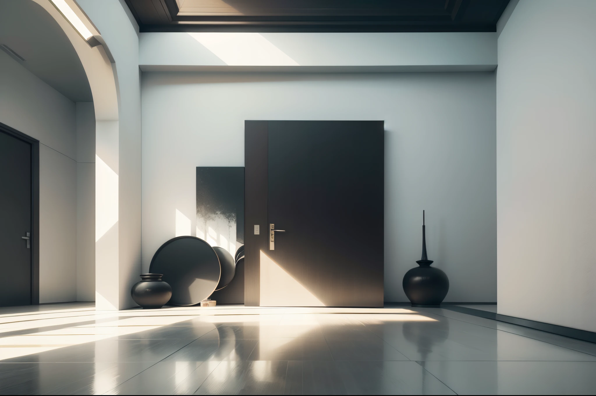 Describe an exhibition space composed of several walls，Exhibition of famous paintings，The art of parting，Strong artistic atmosphere，（There is more space behind the door opening：1.4），（There are no doors：1.4），extravagant，posh，No Man，NOhumans，shallowdepthoffield，Focus is centered，（No Man：1.6）