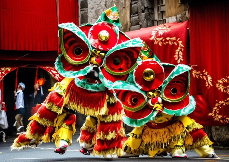 On the street，A grand festive parade is underway。People wear traditional clothing，Dance，Hold aloft a variety of richly decorated flags and props。