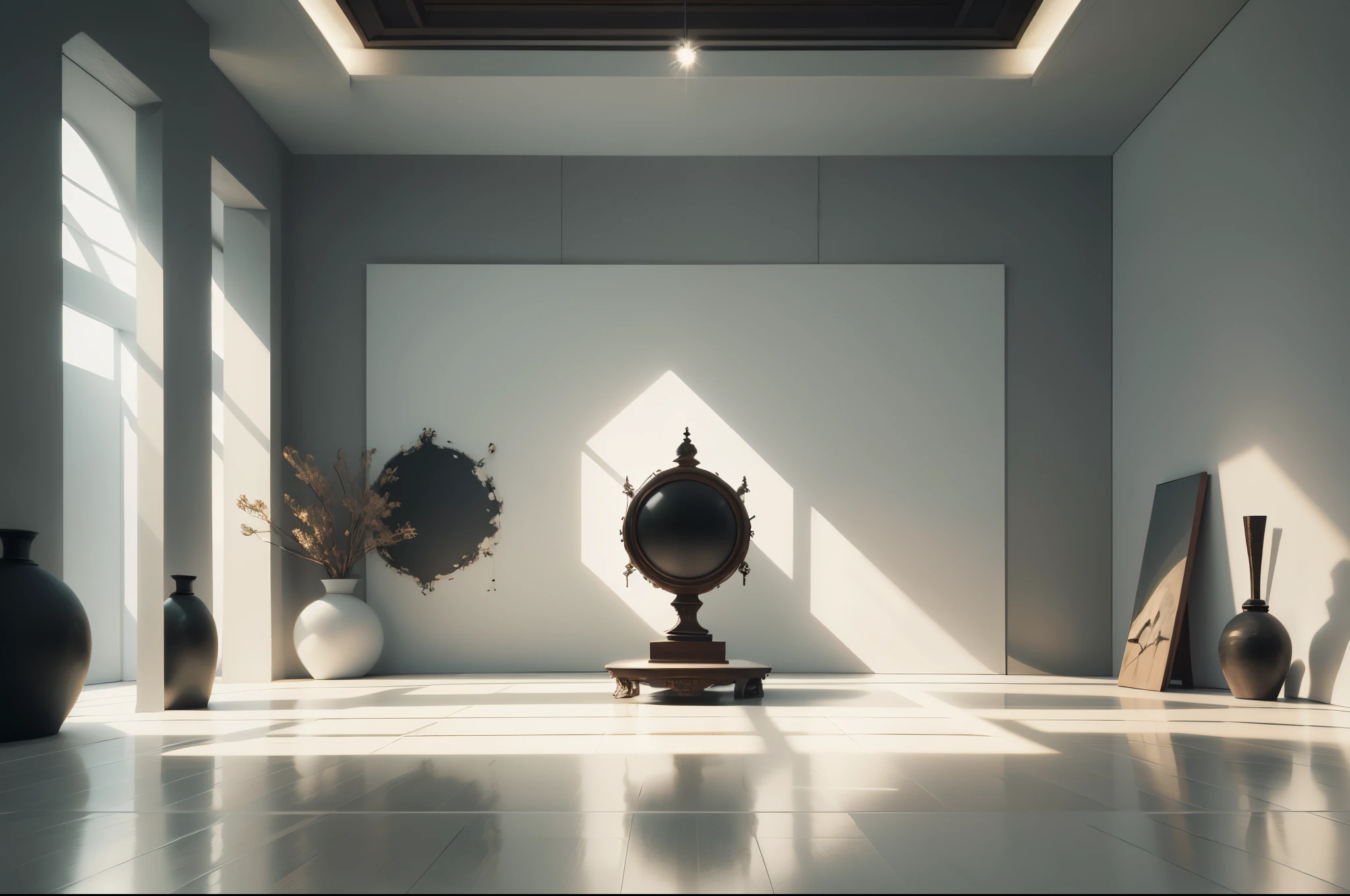 Describe an exhibition space composed of several walls,Exhibition of famous paintings,The art of parting,Strong artistic atmosphere,(There is more space behind the door opening:1.4),(There are no doors:1.4),extravagant,posh,No Man,NOhumans,shallowdepthoffield,Focus is centered,(No Man:1.6)