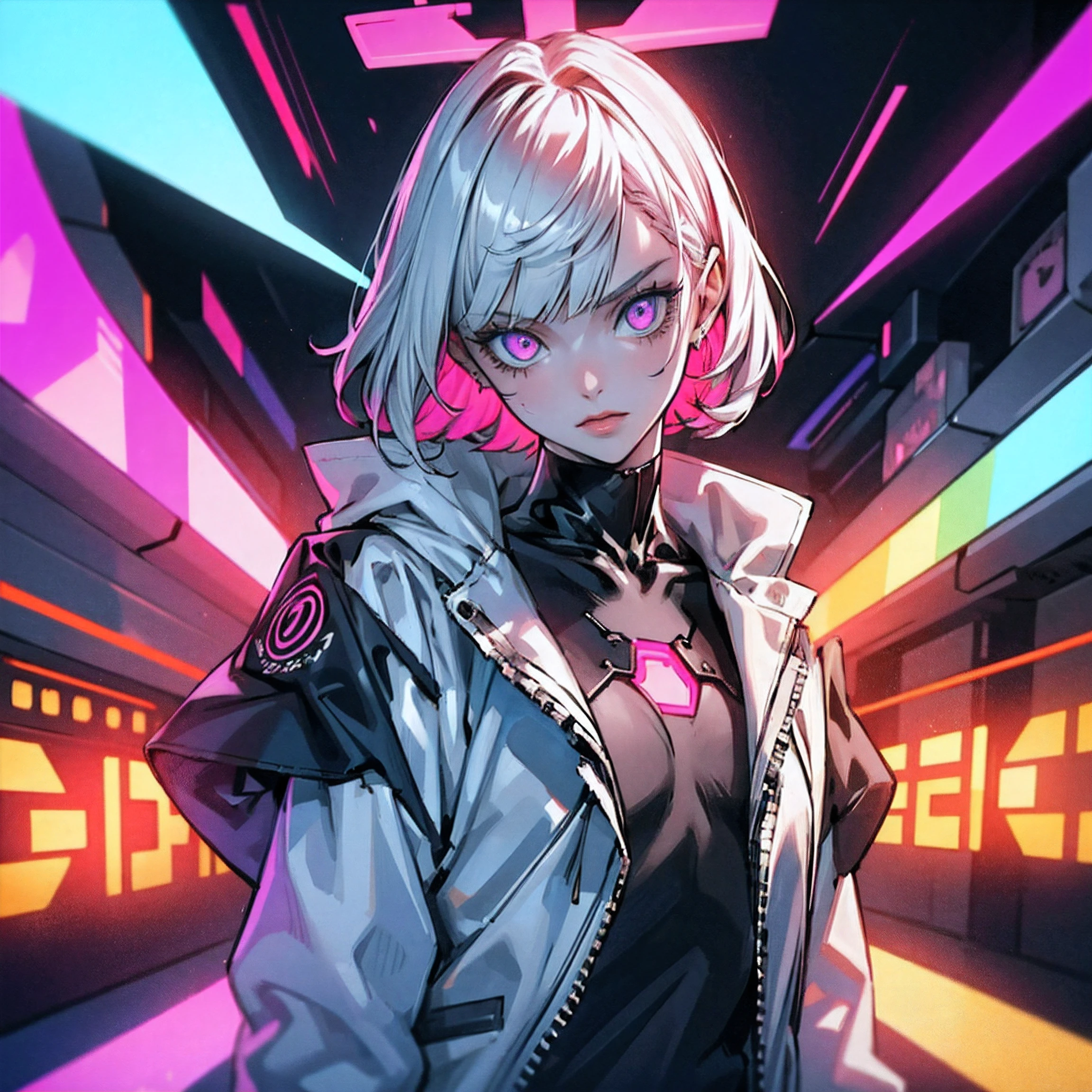 glitch girl, white long hair, cool black open short jacket labeled "CruciA", tatoos, messy fade cut hair, crazy,futuristic neon night street background,poser, fuchsia, halloween, pumpkin, face portrait