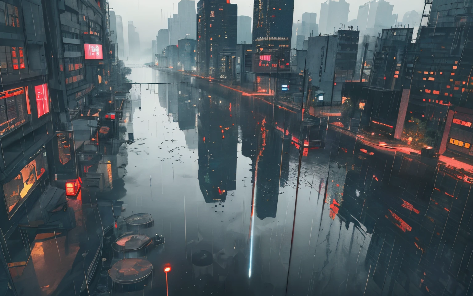 Cyberpunk lights Style, (((best quality))) perfect face:1.2)(view from a top angle:1.2) full body, (standing:1.2) a girl wearing a long sweatshirt, black sweatshirt, a girl wet from the rain (hands on pocket:1.2) (Black hair:1.2) (top angle:1.2) (3 vanishing points perspective:1.2)(heavy rain:1.2) (reflection on the water, low water level, stagnant water in the street, ), background realistic, 2112, (light*_black_particle (city:1.2) city pop vibes, (heavy rain:1.2)