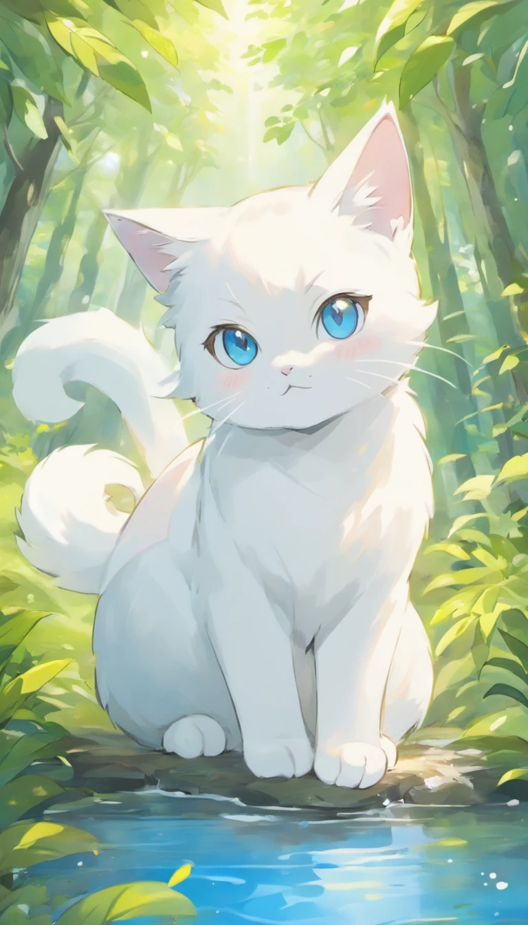 White cat、Blue eyes、lake、in woods、Elegance、narrow her eyes、