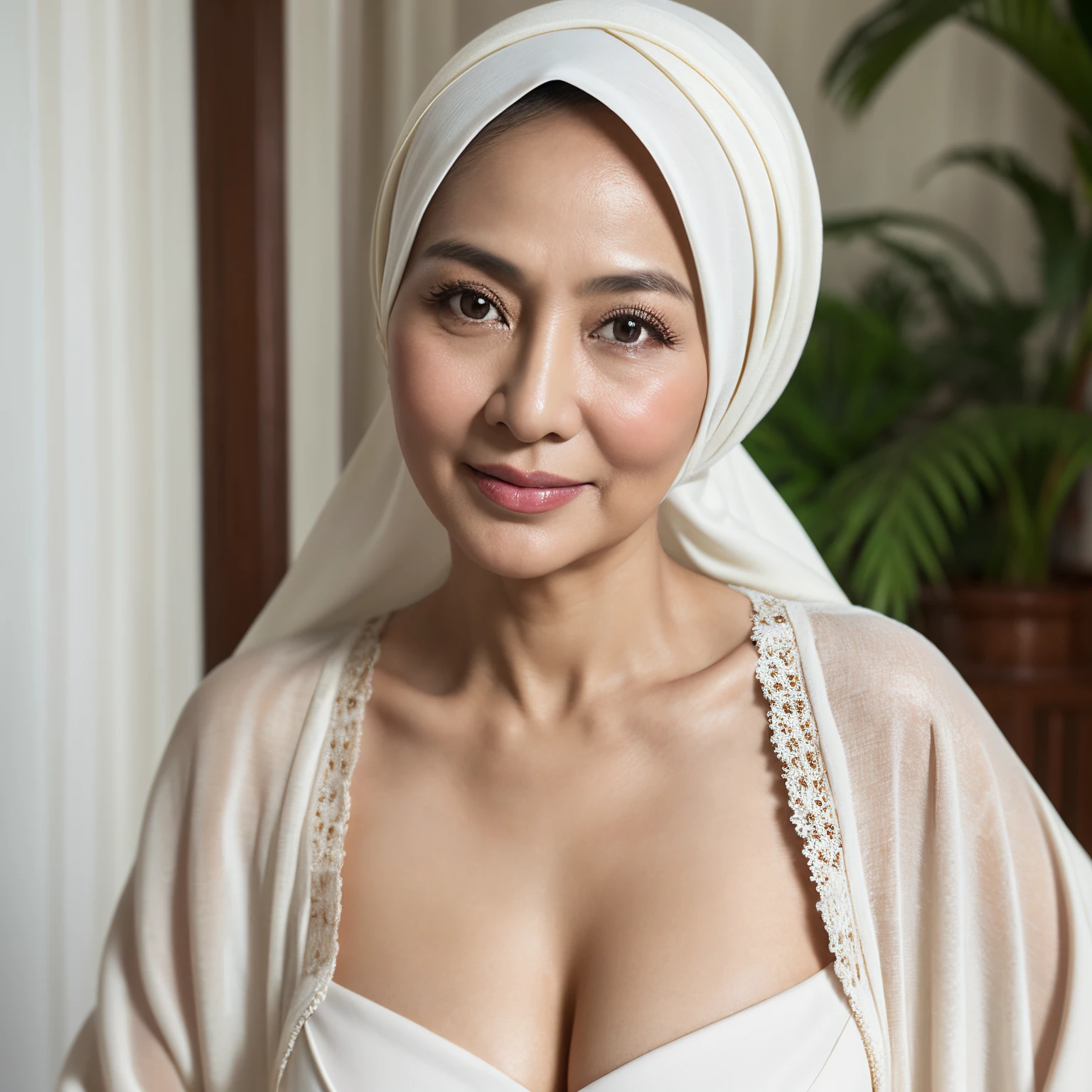 (masterpiece) (Little wringkled old face) (chubby body shape) (half body portrait) 62 Years old Brunei mature woman, asian look wearing elegant Hijab, (gorgeus eyes) natural saggy big breast : 4, toppless, (perfect breasts and nipples) (dark brown large areola, rounded hard nipples) semi nude, Soft smile, golden necklace, professional photography with excellent lighting,