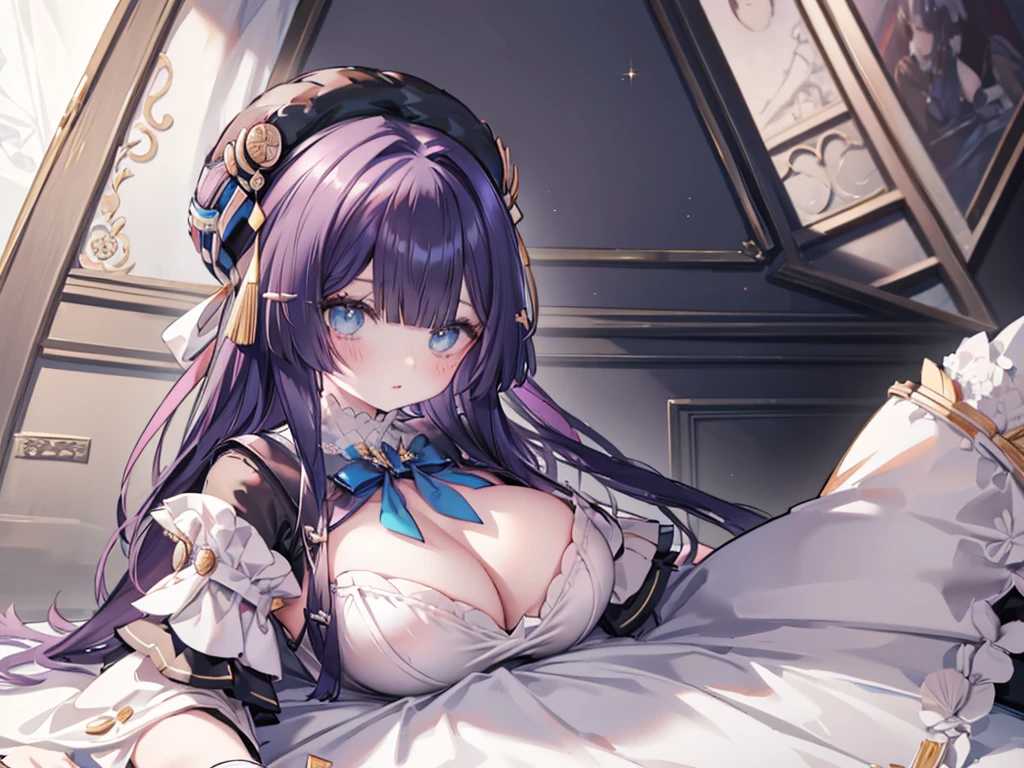 1人、Too large breasts、爆乳、cleavage of the breast、Lolclothes with lots of ribbons and frills、big ribbon on the head、fluffy and soft hair、Pale atmosphere、cute lolita room、Sunshine、Choker on ribbon、I see underwear.、garter belt made of lace、garnet brooch、Too large breasts、Sparkling eyes、heart mark、kawaii、爆乳