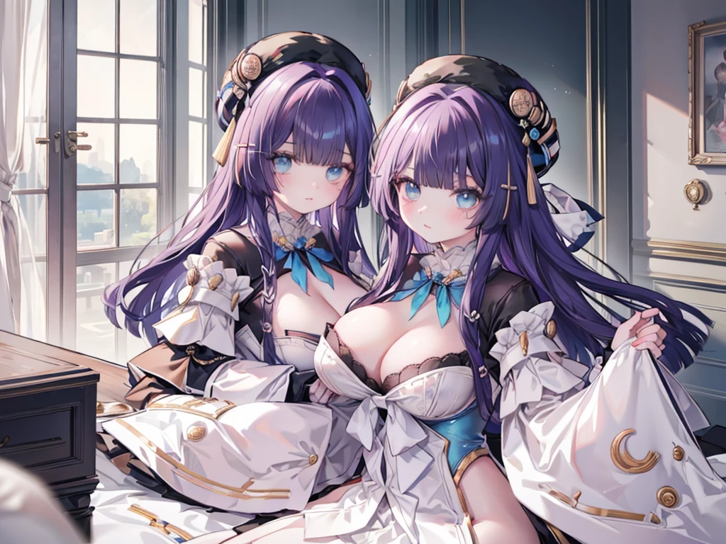 1人、Too large breasts、爆乳、cleavage of the breast、Lolclothes with lots of ribbons and frills、big ribbon on the head、fluffy and soft hair、Pale atmosphere、cute lolita  room、Sunshine、Choker on ribbon、I see underwear.、garter belt made of lace、garnet brooch、Too large breasts、Sparkling eyes、heart mark、kawaii、爆乳