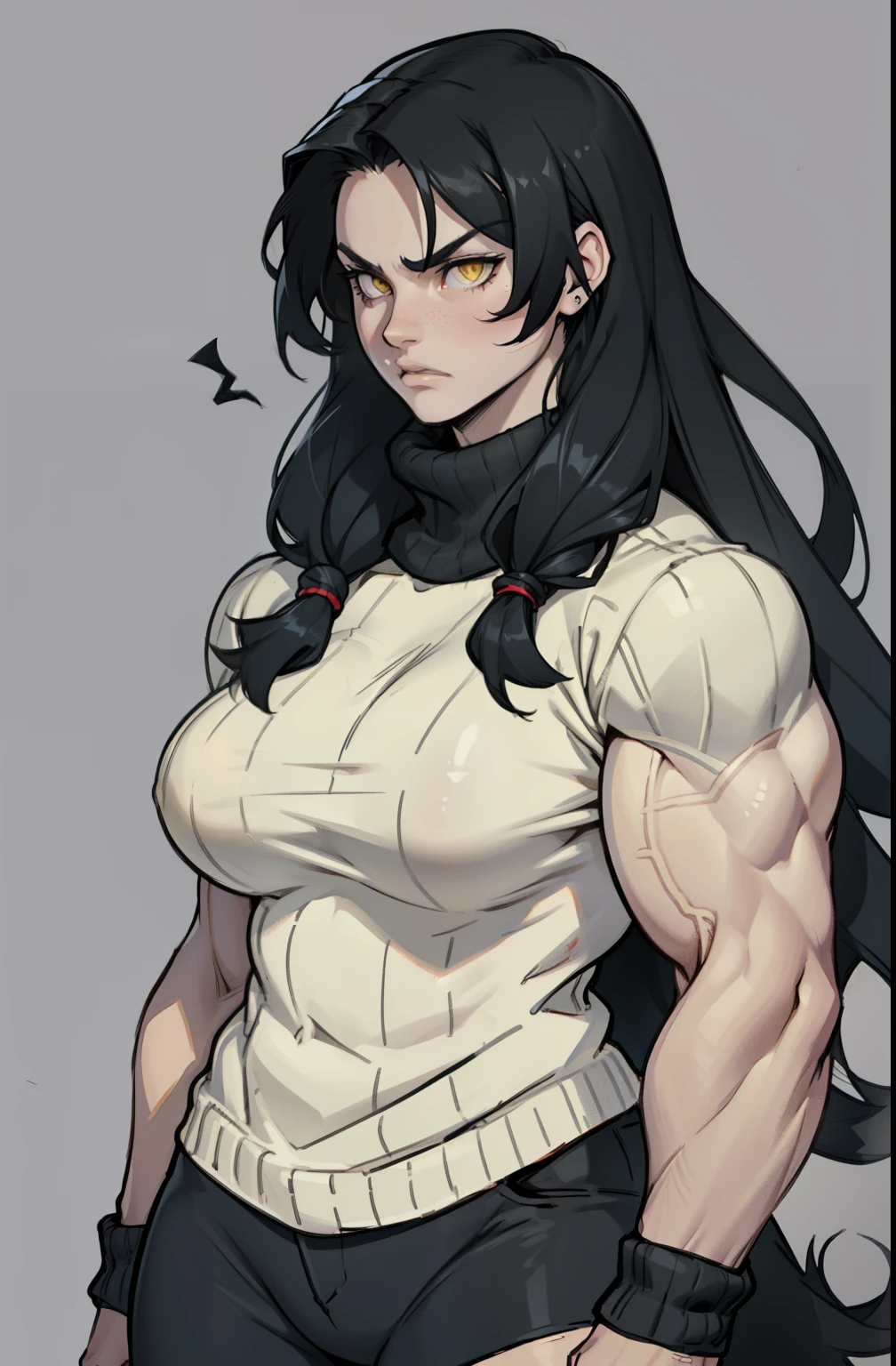 ((grey background)), solo, ((((1 girl)))), very long hair, black hair, angry, yellow eyes, (((((muscular))))), (huge tits), pale skin, slick hair, (sweater)