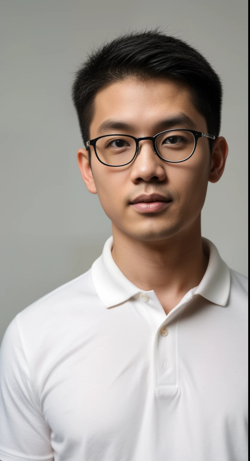 Andrew thomas huang, oval face, eyeglasses, slim muscular, polo shirt,