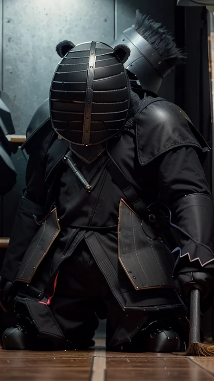 A Taiwanese black bear robot wearing a kendo helmet，Holding a broom in one hand，The other hand is in the shape of a key，Two feet are the emergency exit feet，Animation style