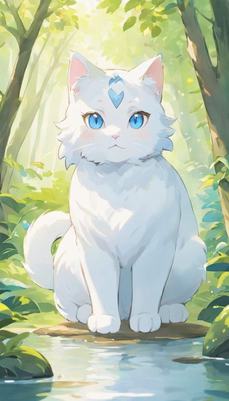 White cat、Blue eyes、lake、in woods、Elegance、narrow her eyes、Fantastical