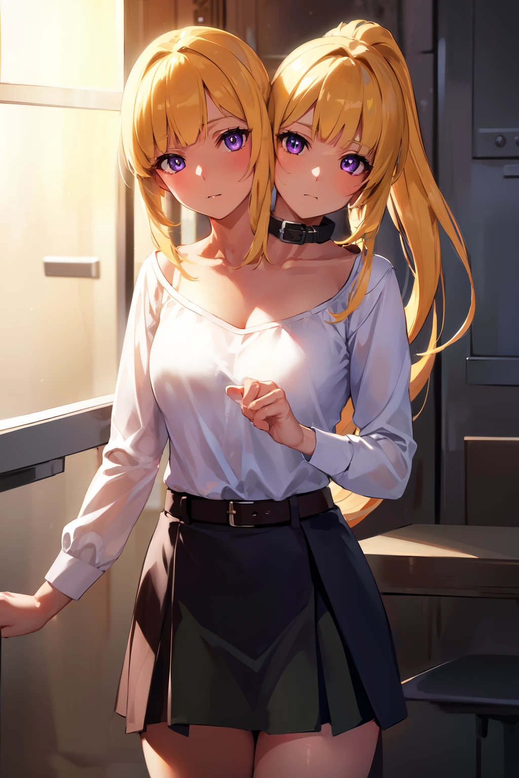 kudeliaainabernstein, kudelia aina bernstein, (purple eyes:1.1), long hair, blonde hair, bangs, blunt bangs, ponytail, 
BREAK skirt, shirt, long sleeves, belt, long skirt, white shirt, collar bone, green skirt,
BREAK indoors,
BREAK looking at viewer, (cowboy shot:1.5),
BREAK (masterpiece:1.2), best quality, high resolution, unity 8k wallpaper, (illustration:0.8), (beautiful detailed eyes:1.6), extremely detailed face, perfect lighting, extremely detailed CG, (perfect hands, perfect anatomy), (2heads:1.5)