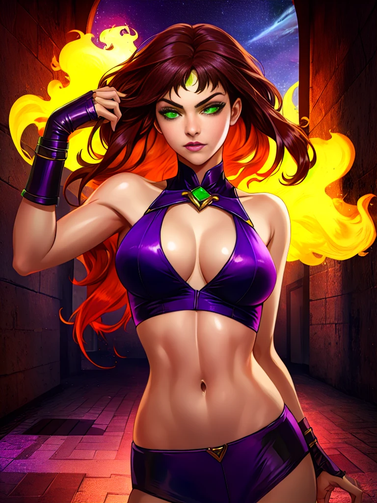 Fuego estelar,long brown hair,ojos verdes,desde abajo,Cabello brillante,Purple crop top,Ropa interior morada,ombligo,Guantes morados,Recorte de escote,
solamente,Parte superior del cuerpo,flotante,ombligo,
Noche,gothic city,
(Stunningly Detailed, Hermosa cara detallada, Obra maestra, La mejor calidad),