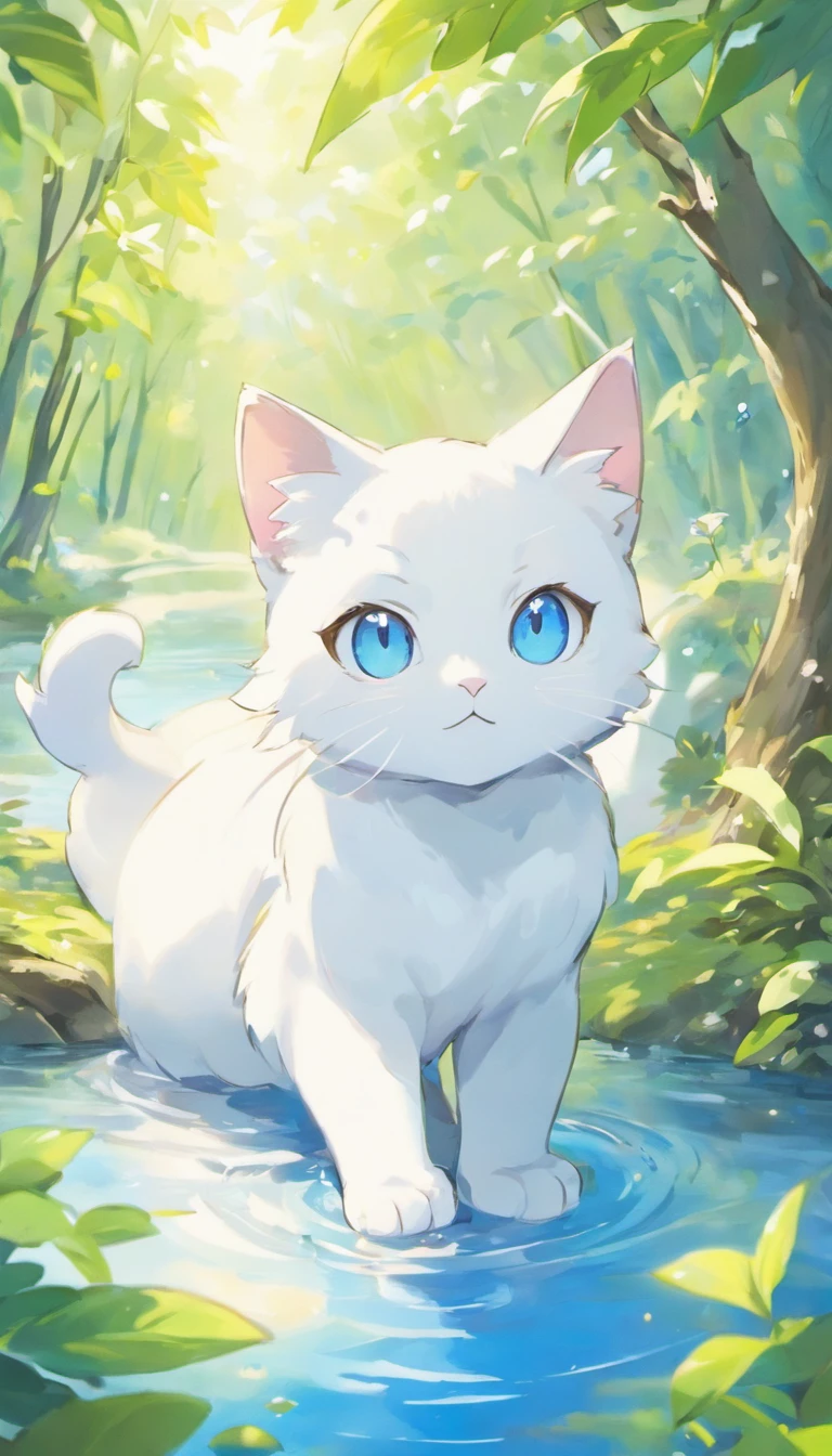 White cat、Blue eyes、lake、in woods、Elegance、narrow her eyes、Fantastical