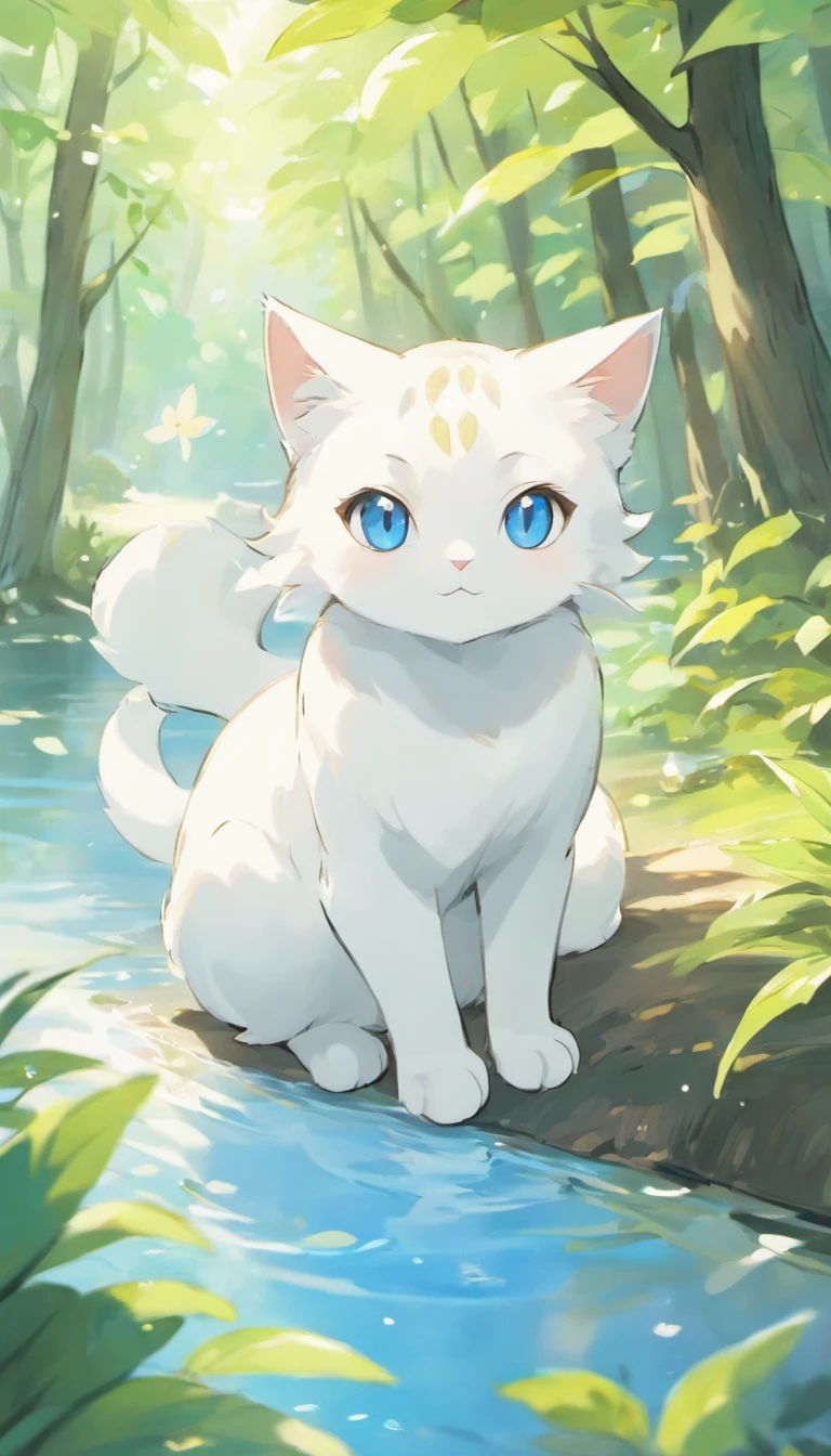 White cat、Blue eyes、lake、in woods、Elegance、narrow her eyes、Fantastical