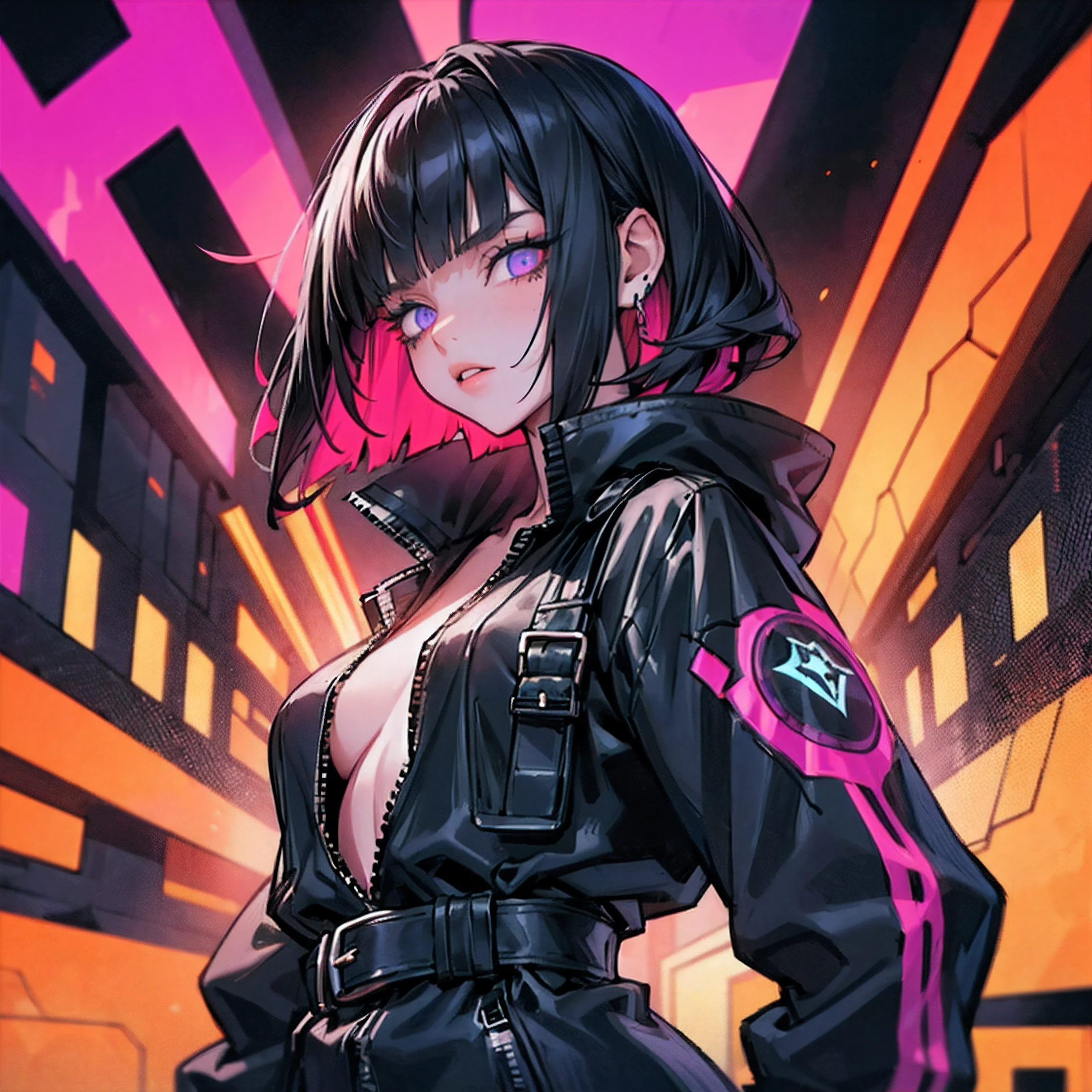 glitch girl, long hair, cool black open short jacket labeled "CruciA", tatoos, messy fade cut hair, crazy,futuristic neon night street background,poser, fuchsia, halloween, pumpkin, face portrait