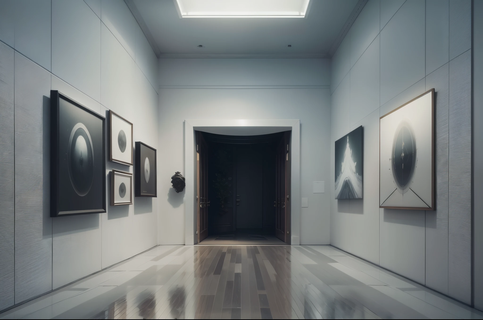 Describe an exhibition space composed of several walls,Exhibition of famous paintings,The art of parting,Strong artistic atmosphere,(There is more space behind the door opening:1.4),(There are no doors:1.4),extravagant,posh,No Man,NOhumans,shallowdepthoffield,Focus is centered,(No Man:1.6)