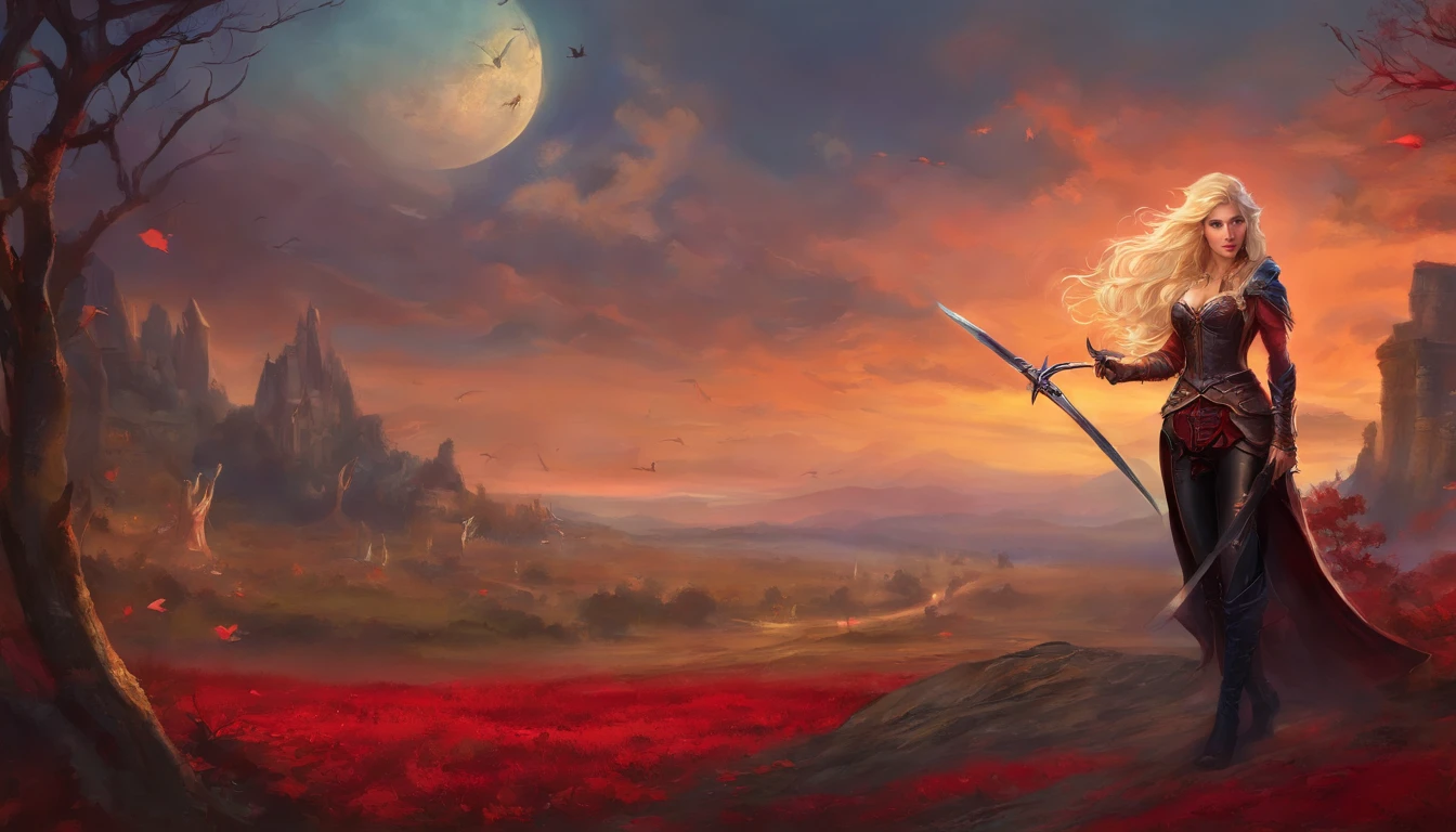 (Realistic photo)(High quality)A powerful sexy blonde in a red corset and black leather pants,standing on a battle field with dead demons laying around her. (Her right foot sits upon a giant skull) and she holds a katana in her right hand. a demon army waits in the background