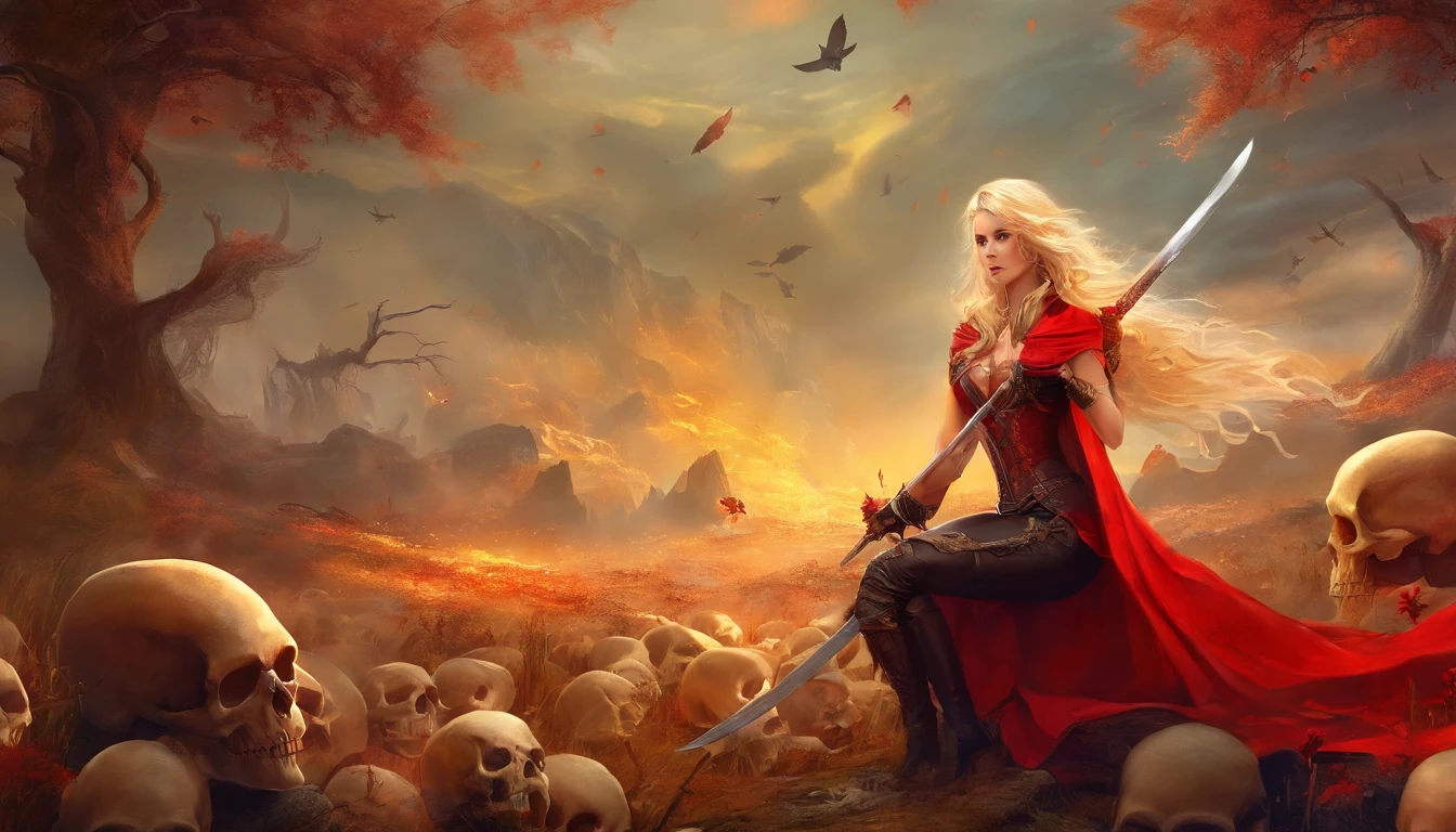 (Realistic photo)(High quality)A powerful sexy blonde in a red corset and black leather pants,standing on a battle field with dead demons laying around her. (Her right foot sits upon a giant skull) and she holds a katana in her right hand. a demon army waits in the background