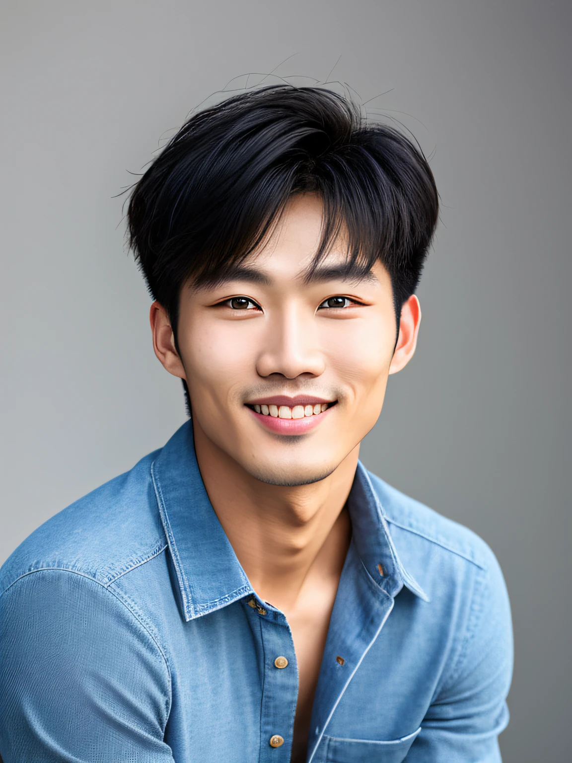 close portrait, Cute, male model, man from asia, Fair skin, medium hair straight black, heterochromatic eyes, (Skin Texture), Skin pores, Shallow depth of field, Sharp Eye Focus, Back lighting, Tapered nose, With smiling eyes、２０age