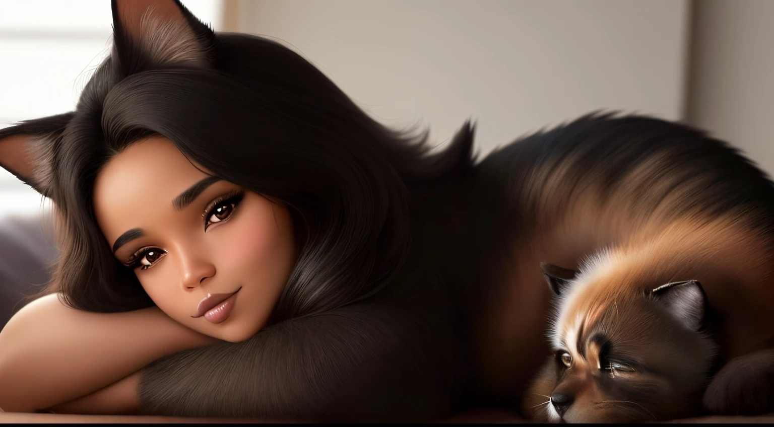 mulher morena de cabelos negros, vesga, bem cacheada com 2 animais ao seu lado, sendo um cachorro preto e um gato