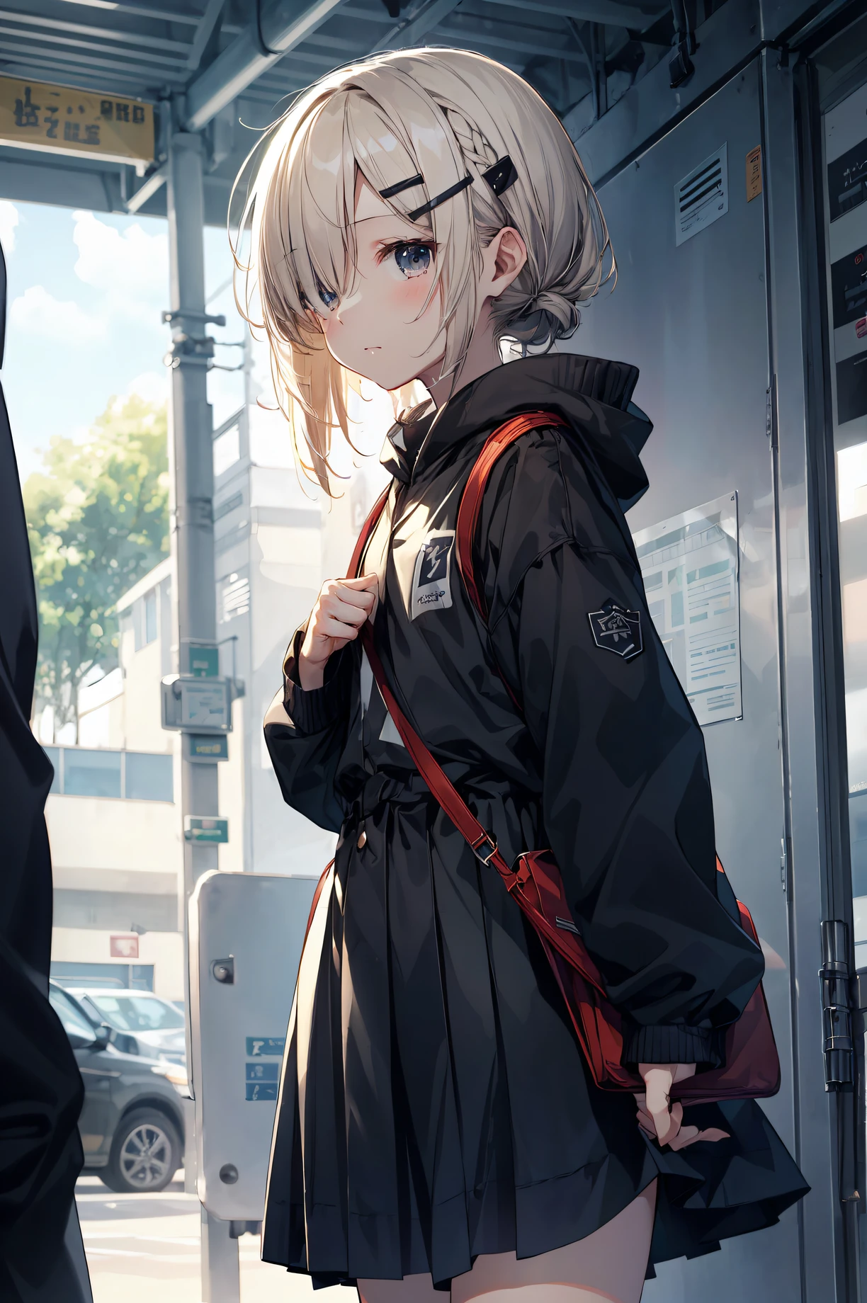 top-quality, anime moe art style,Best Anime 8K Konachan Wallpapers,Pixiv Contest Winner,Perfect Anatomy, (Draw a girl sleepily walking to school. ),BREAK, 1girl in, (Solo,Lori,child,13years:1.3),High school students, Short hair, Forehead, (Hair over one eye:1.4),Full limbs, complete fingers,medium breasts, groin, Small eyes,Precise black eyes, hair clips, Sailor Uniform, Skirt,On the way to school. BREAK,Ultra-detailed,High resolution,super detailed skin, Professional Lighting,8k eye details, (Cute illustration:1.2),