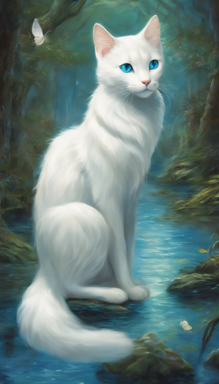 White cat、Blue eyes、lake、in woods、Elegance、narrow her eyes、Fantastical