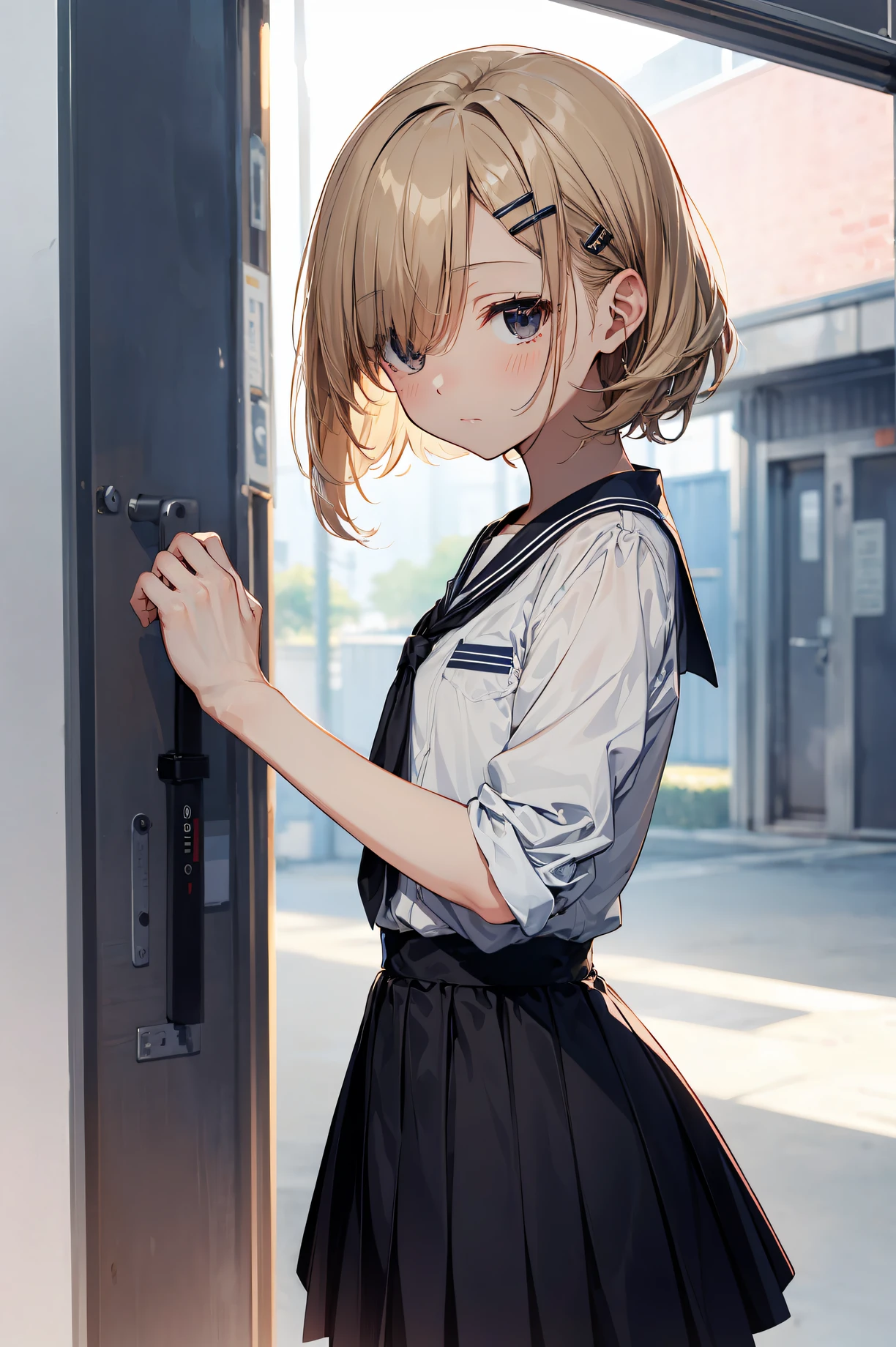 top-quality, anime moe art style,Best Anime 8K Konachan Wallpapers,Pixiv Contest Winner,Perfect Anatomy, (Draw a girl sleepily walking to school. ),BREAK, 1girl in, (Solo,Lori,,13yea:1.3),High school students, Short hair, Forehead, (Hair over one eye:1.4),Full limbs, complete fingers,medium breasts, groin, Small eyes,Precise black eyes, hair clips, Sailor Uniform, Skirt,On the way to school. BREAK,Ultra-detailed,High resolution,super detailed skin, Professional Lighting,8k eye details, (Cute illustration:1.2),