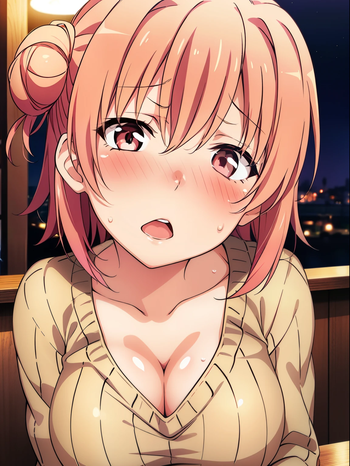 1girl in, Yuigahama Yui, large boob, Short hair, Hair bun, Pink hair,
(Close Shot, Best Quality, hight resolution, 4K, Detailed Lighting, Shaders),
(Tight beige knitted sweater, long-sleeve, decolletage, cleavage),
a bar counter, Night,
Focus,
(Full face blush:1.5), (Sleepy eyes:1.3), Drunk, Open mouth, sweat,