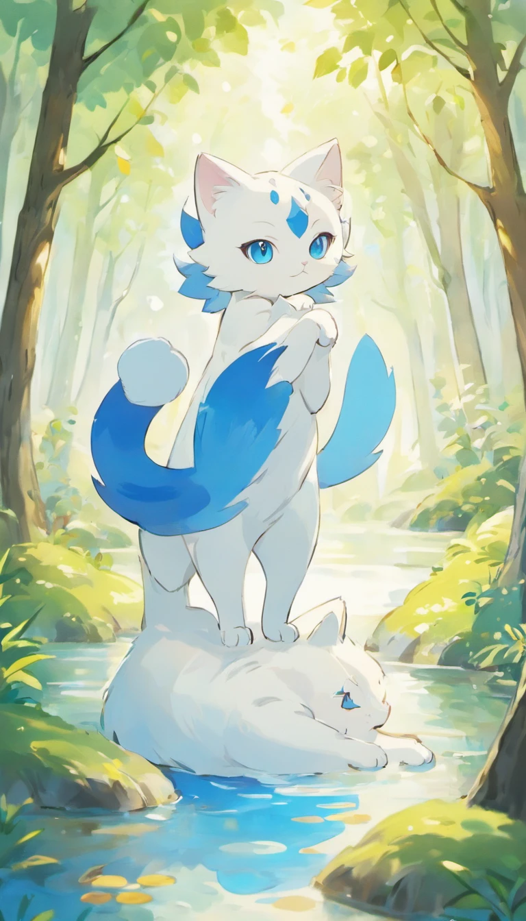 White cat、Blue eyes、lake、in woods、Elegance、narrow her eyes、Fantastical