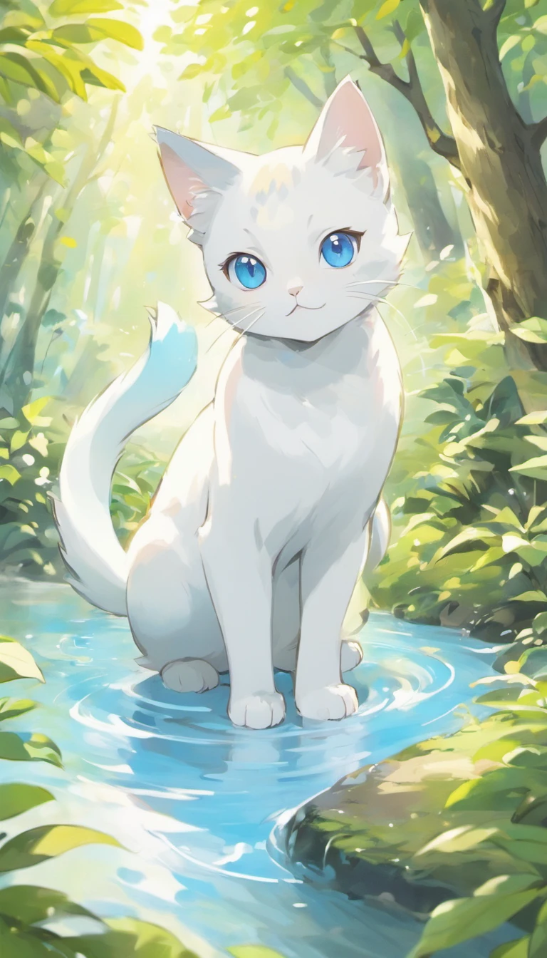 White cat、Blue eyes、lake、in woods、Elegance、narrow her eyes、Fantastical
