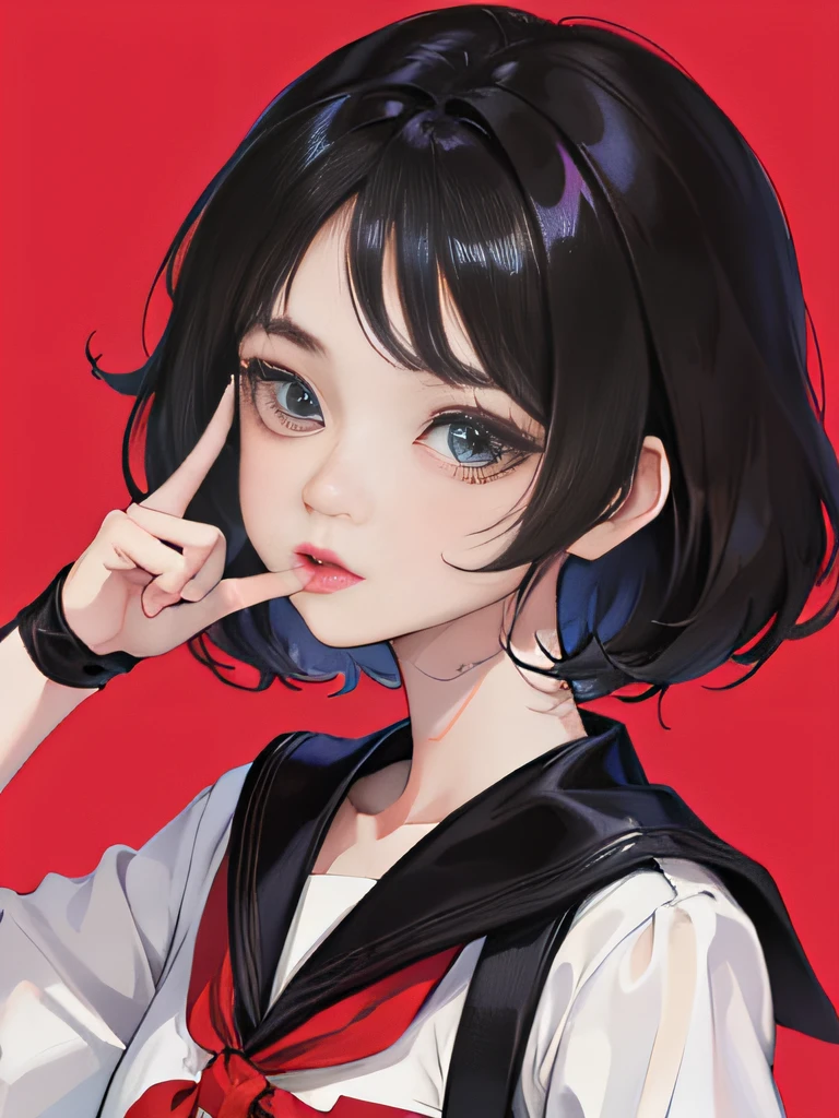 Close-up of the upper body, Anime manga girl, black hair color hair, 黑The eye, white  clothes, white cat