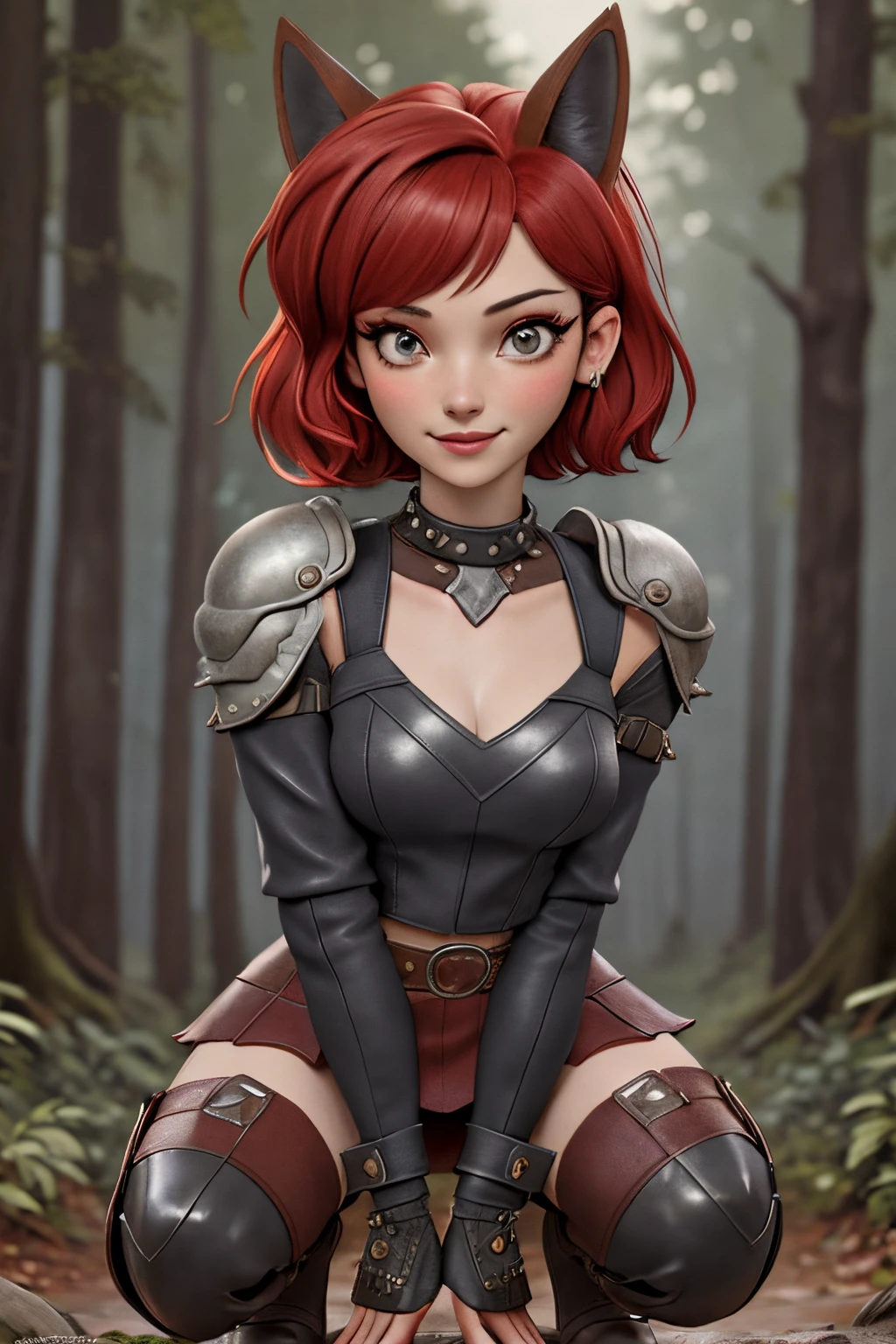 Beautiful 1girl in, fullbody, ager, Solo, short bob cut hair, disheveled red hair, spiky red hair, light gray eyes, some small freckles, pale skin, medium breasts, cleavage, runners body, (thin hips, thin waist: 1.25), (arched back:1.12), detailed skin, neutral face, mischievous smile, revealing clothes, (wearing cropped open leather jacket, shoulder armor, cloth bralette, leather skirt, bracers, thigh high armored boots: 1.1), (groping chest: 1.23), touching herself, (crouching: 1.22), (dark dark red fox ears:1.25), (detailed magical forest background:1.1), creek, overlooking opening in forest, 4k textures, soft light, elegant, highly detailed, sharp focus, soothing tones, insane details, intricate details, hyperdetailed, low contrast, exposure blend, hdr, faded