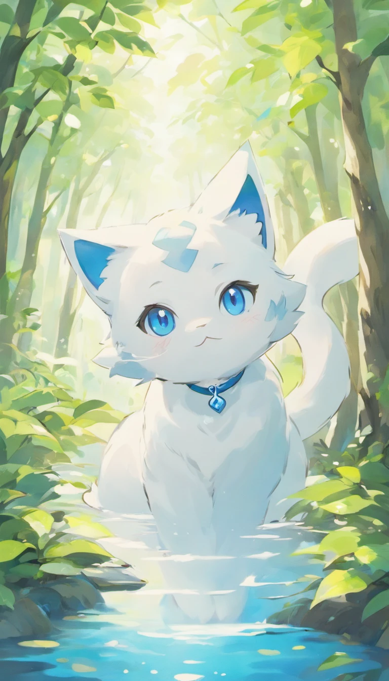 White cat、Blue eyes、lake、in woods、Elegance、narrow her eyes、Fantastical