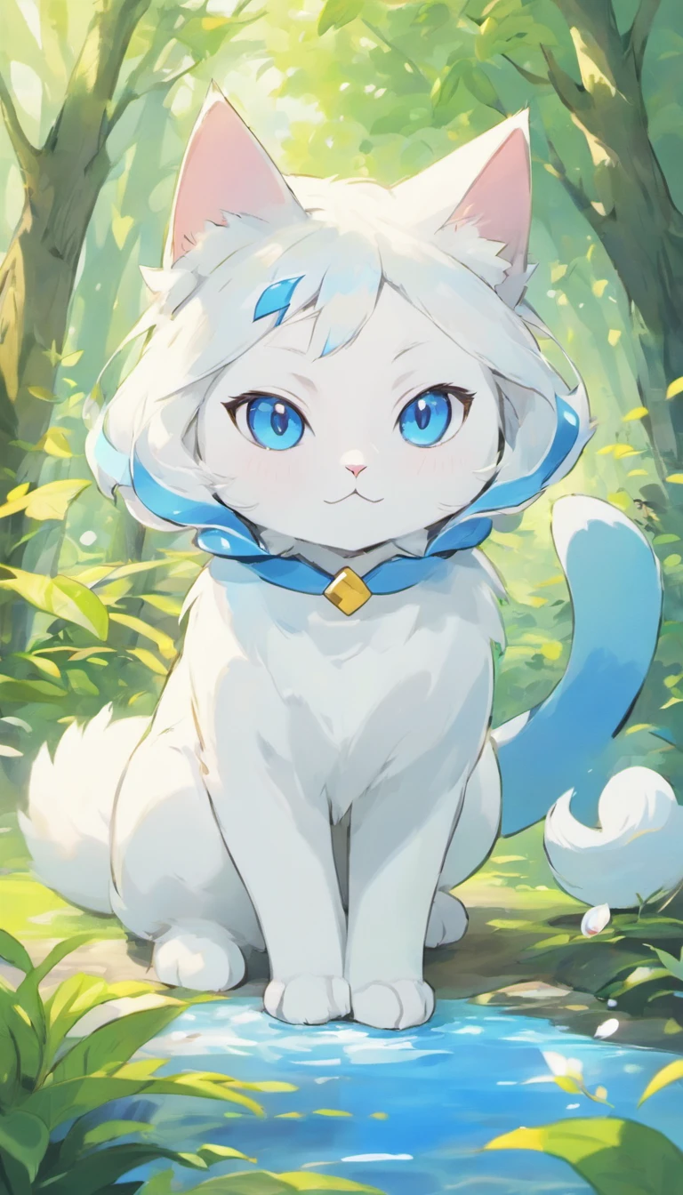 White cat、Blue eyes、lake、in woods、Elegance、narrow her eyes、Fantastical