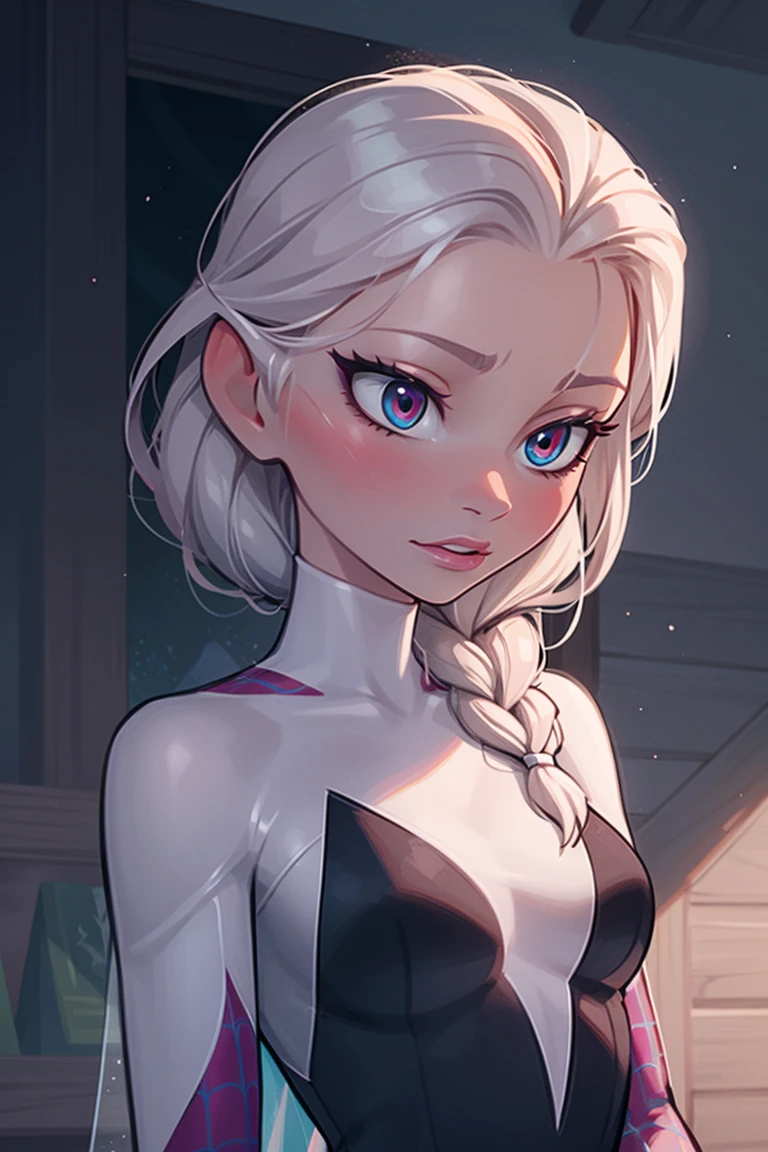 Elsa of arendelle wearing Spidergwen costume,  Spidergwen costume, upper body, blue icey costume, braid, human, Elsa of arendelle, Disney FROZEN, Elsa (Frozen), no bangs, clear hair