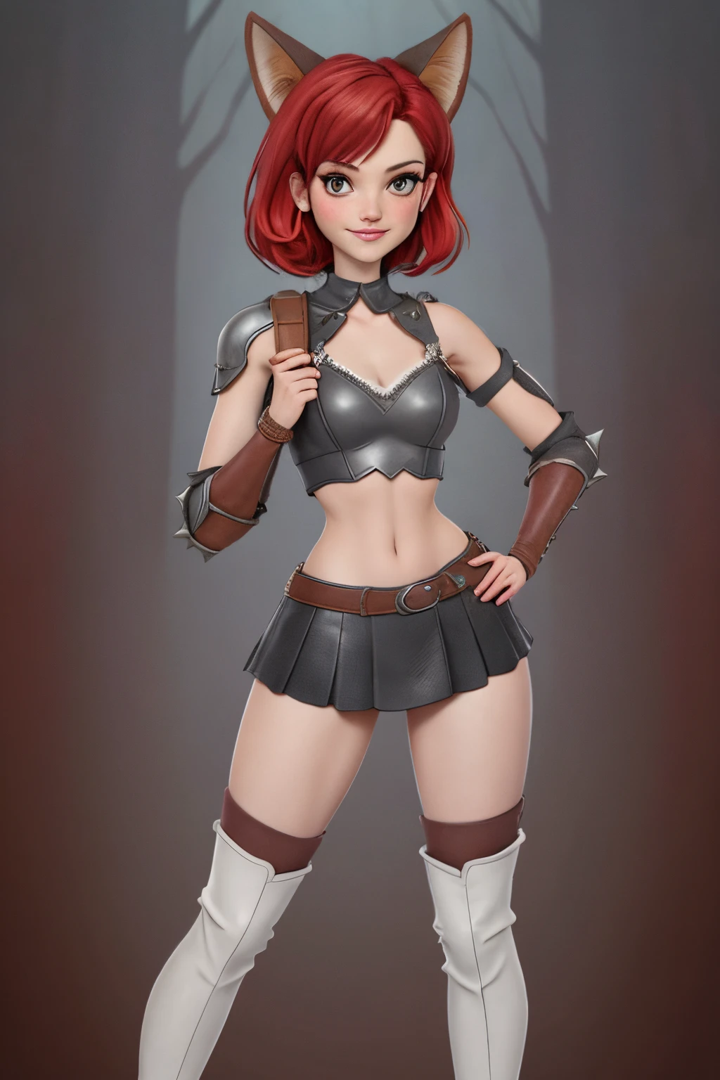 Beautiful 1girl in, fullbody, ager, Solo, short stylish hair, red hair, spiky red hair, light gray eyes, some small freckles, pale skin, medium breasts, cleavage, runners body, (thin hips, thin waist: 1.25), (arched back:1.12), detailed skin, neutral face, mischievous smile, revealing clothes, (wearing cropped open leather jacket, shoulder armor, cloth bralette, leather skirt, bracers, thigh high armored boots: 1.1), (groping chest: 1.23), touching herself, (hero pose: 1.22), (dark dark red fox ears:1.25), (detailed magical forest background:1.1), creek, overlooking opening in forest, 4k textures, soft light, elegant, highly detailed, sharp focus, soothing tones, insane details, intricate details, hyperdetailed, low contrast, exposure blend, hdr, faded