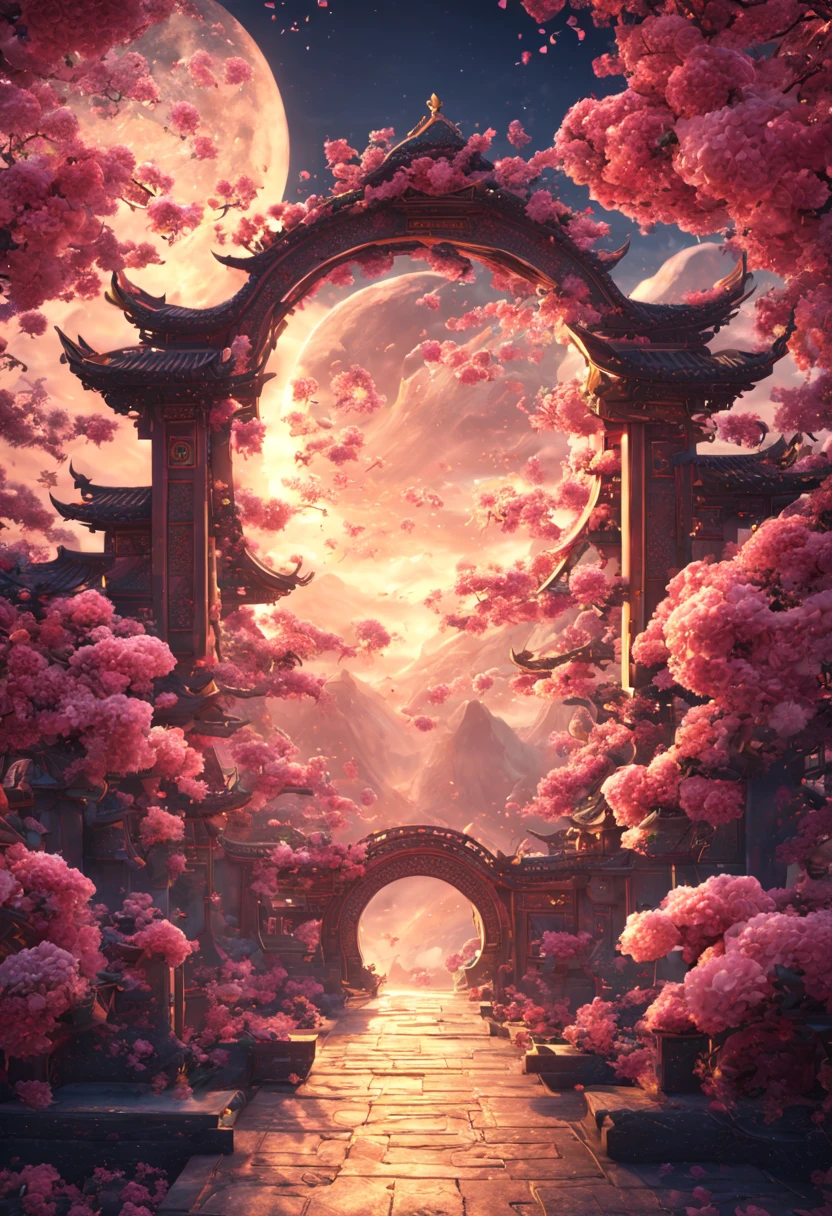 Gorgeous mythology South Gate, CG rendering Chinese style, overlooking, mythology, fairyland, clear and bright roses, lighting effects, dreams, starry sky, super details, illustrations, 16K unreal engine, ethereal clouds. 16K resolution,  8k resolution, Moon Palace, HD 16K processing,,HD --ar 9:16